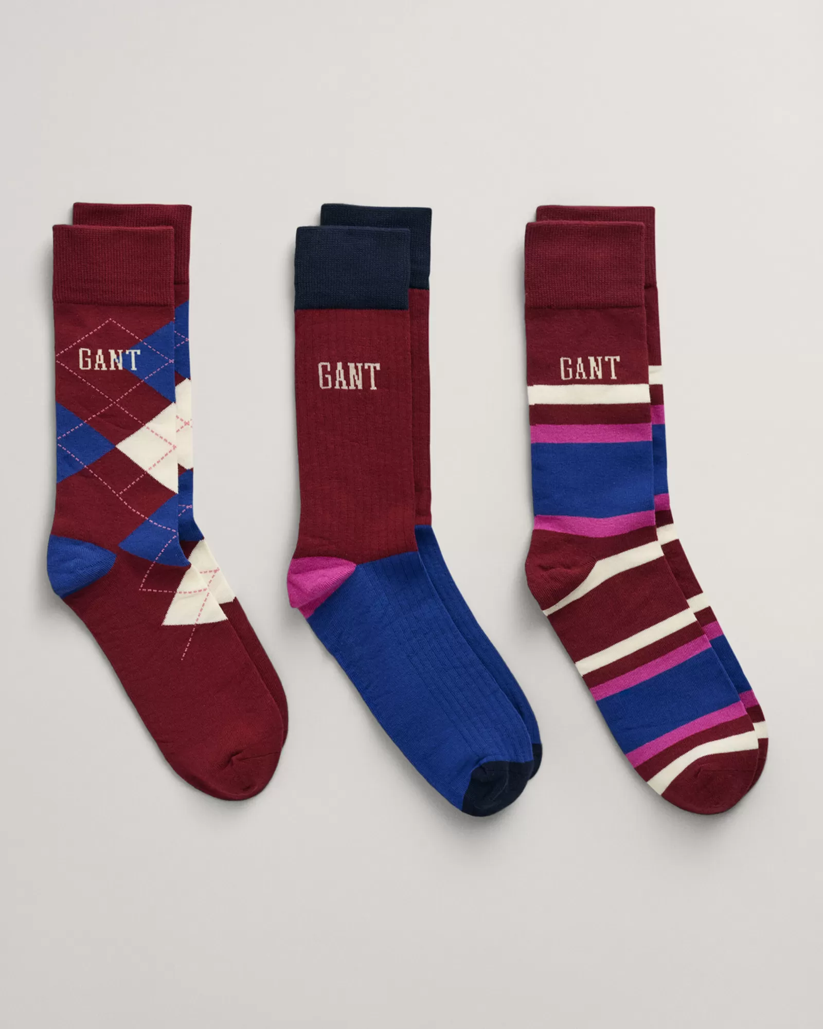 Men GANT Socks*3-Pack Argyle & Stripe Socks Gift Box PLUMPED RED