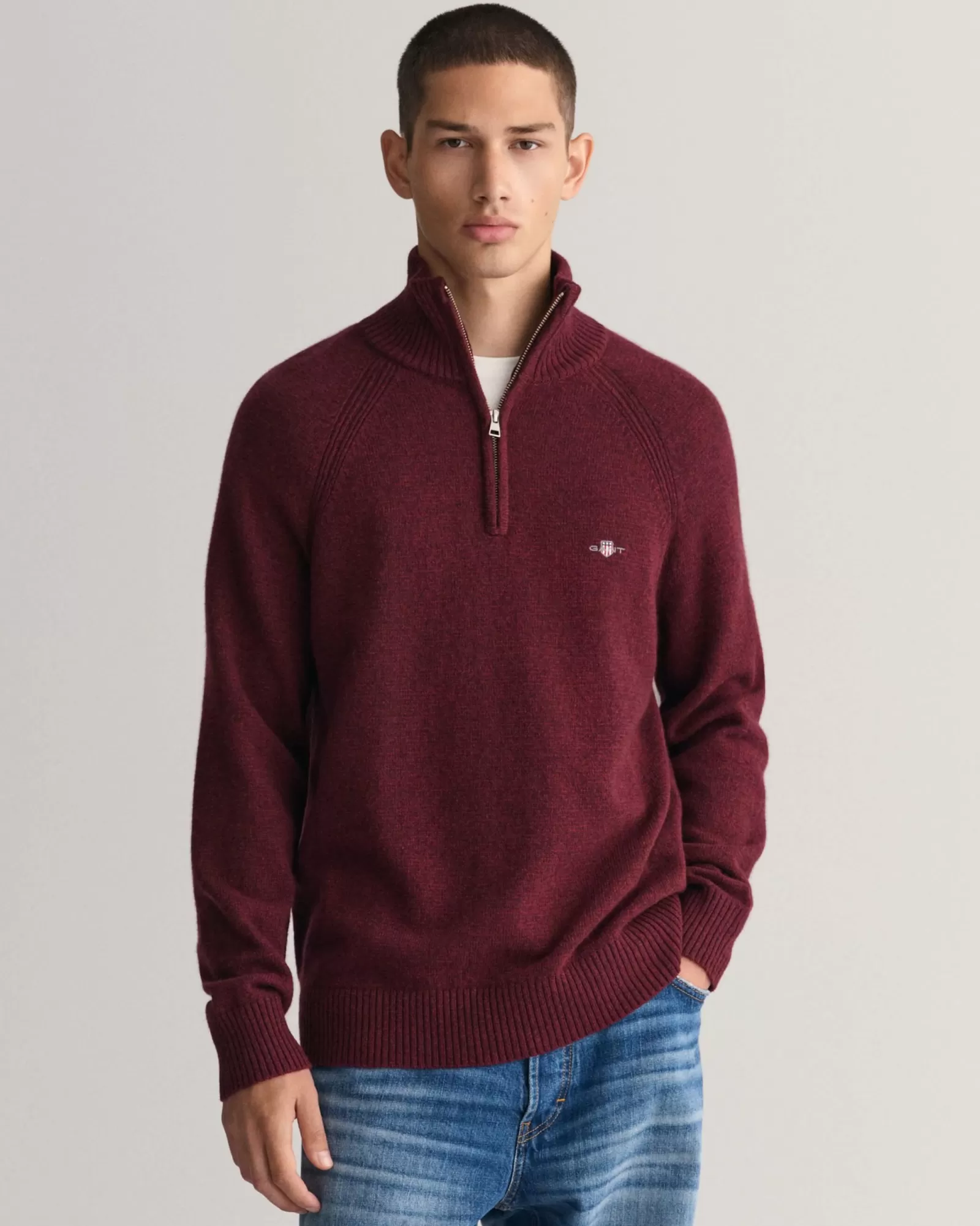 Men GANT Knitwear*Bicolored Half-Zip Sweater BORDEAUX MELANGE