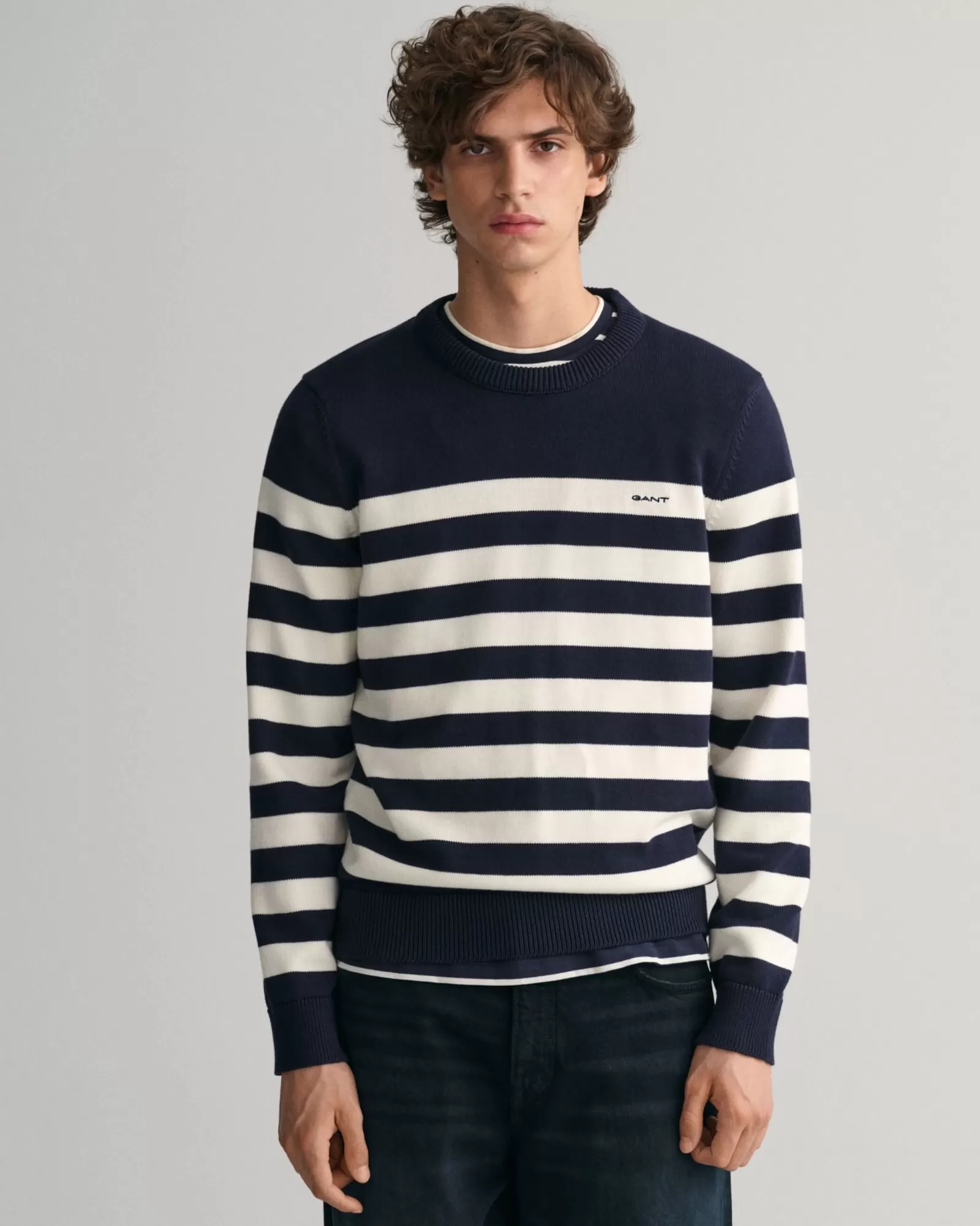 Men GANT Knitwear*Breton Striped Crew Neck Sweater EVENING BLUE