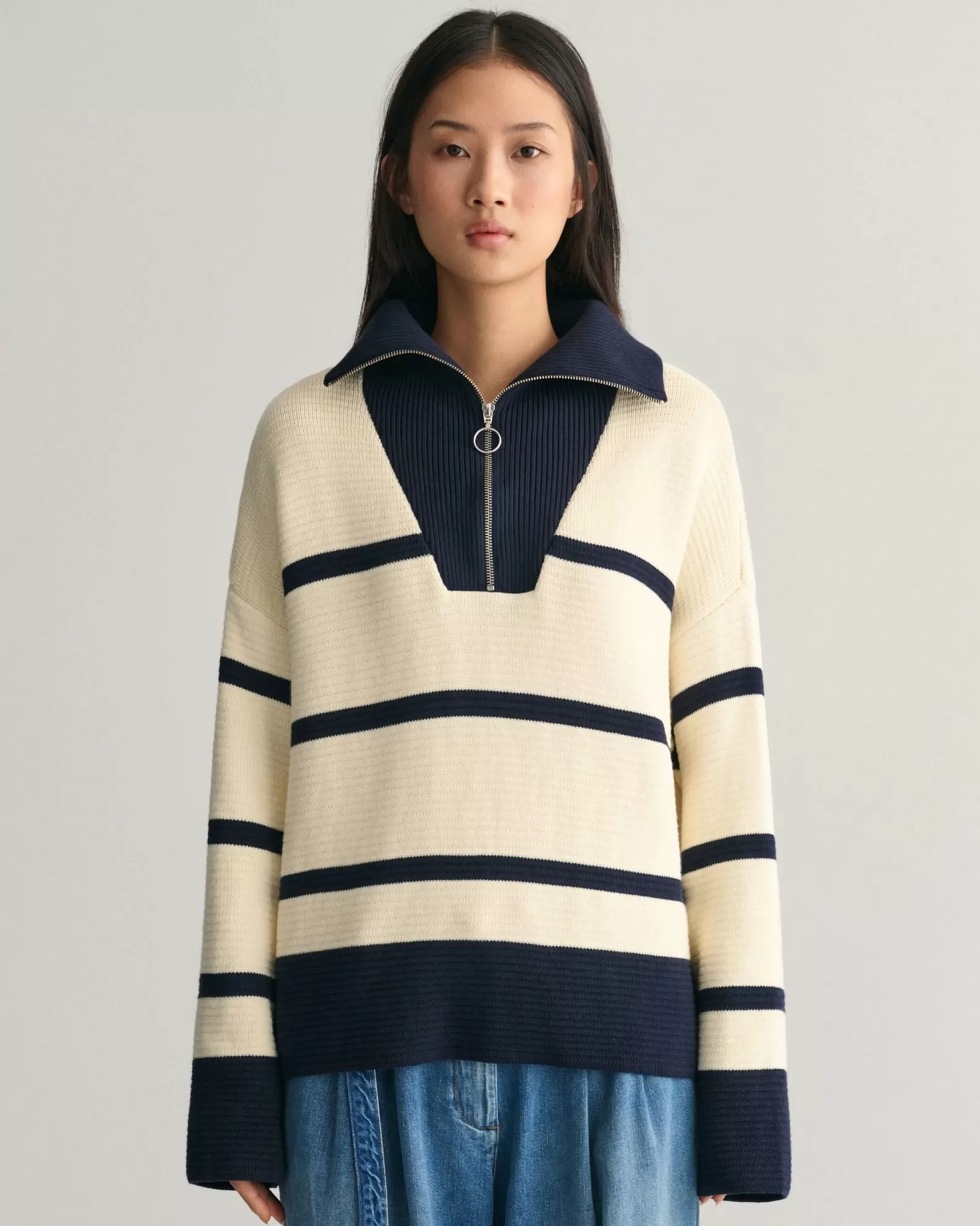 Women GANT Knitwear*Breton Striped Half-Zip Sweater CREAM