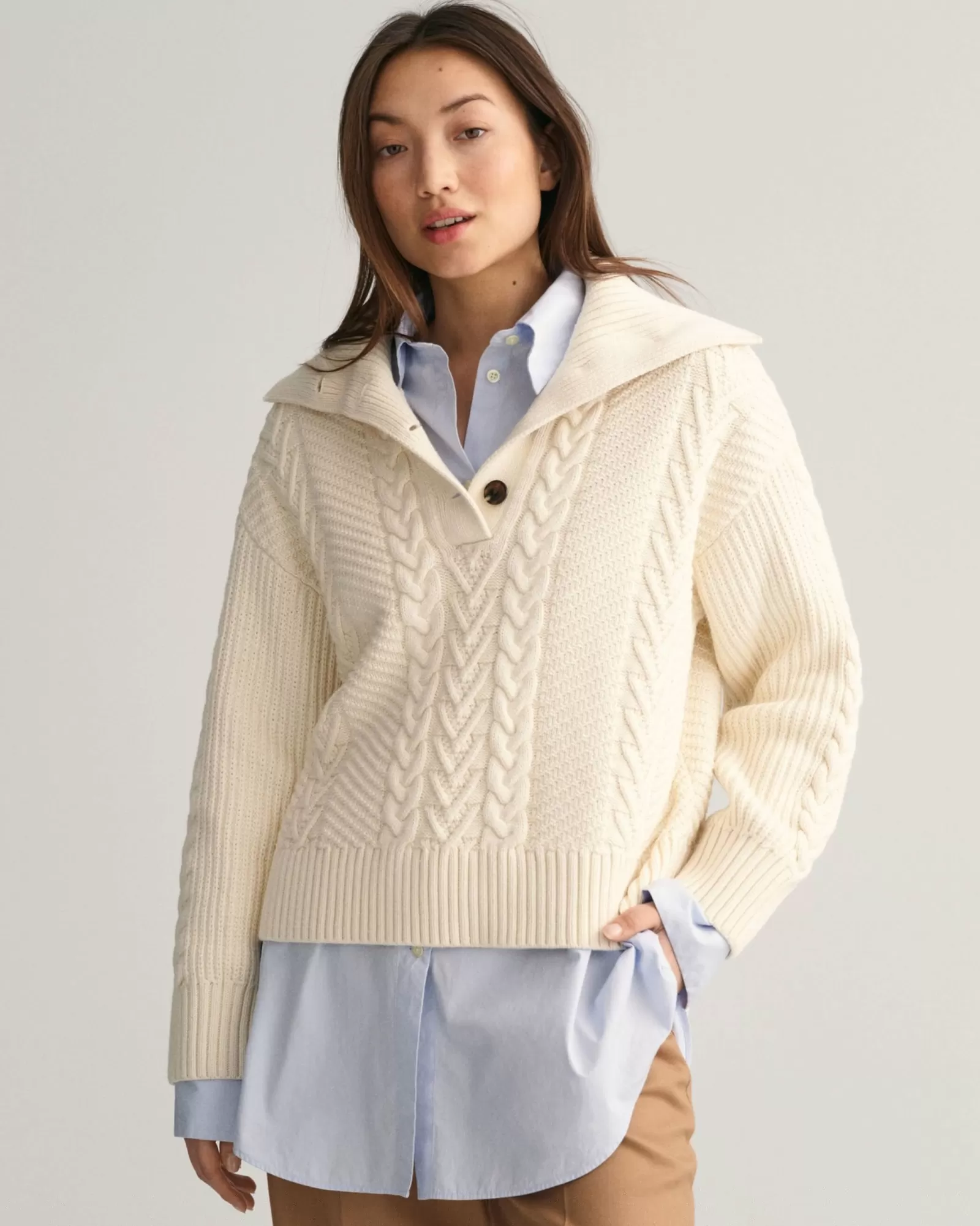 Women GANT Knitwear*Cable Knit Buttoned Turtleneck Sweater CREAM