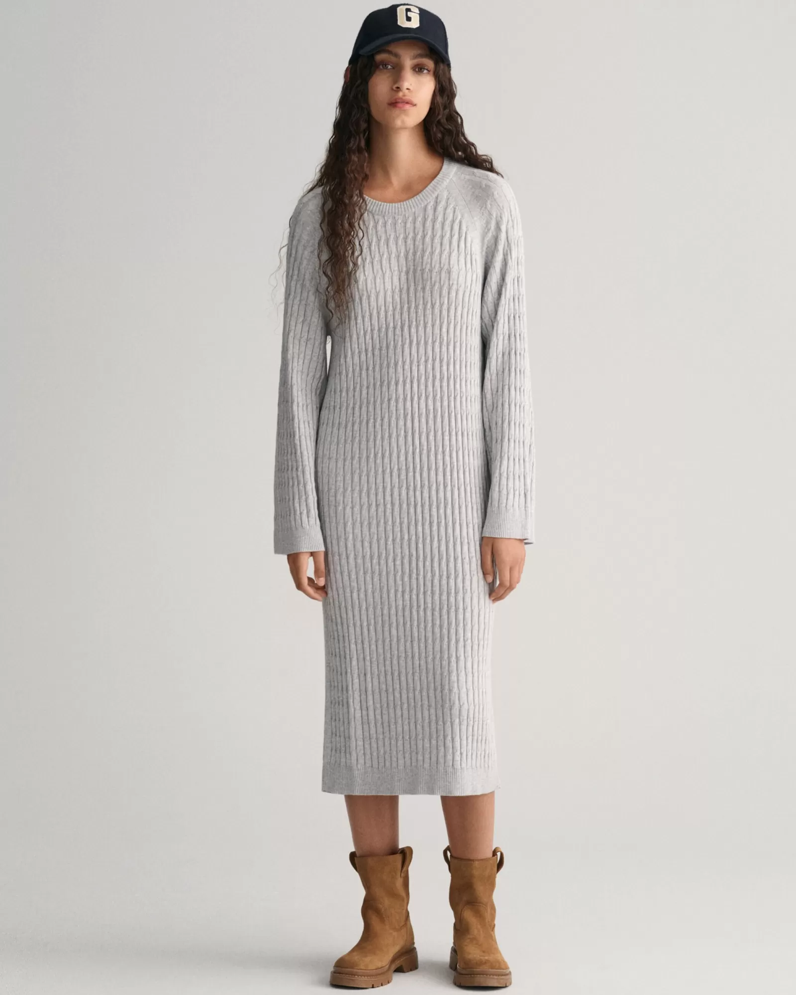 Women GANT Dresses*Cable Knit Crew Neck Dress LIGHT GREY MELANGE