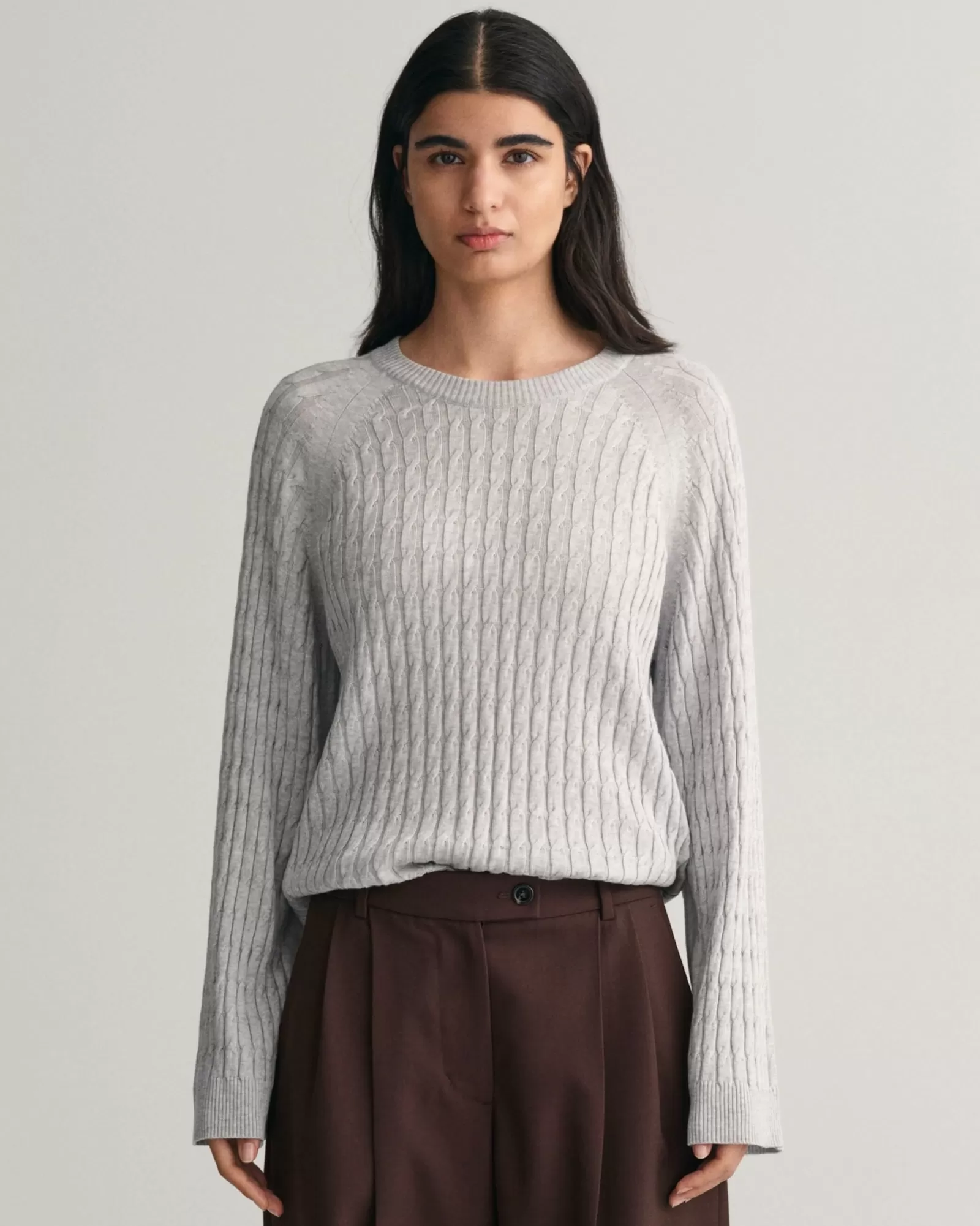 Women GANT Knitwear*Cable Knit Crew Neck Sweater LIGHT GREY MELANGE