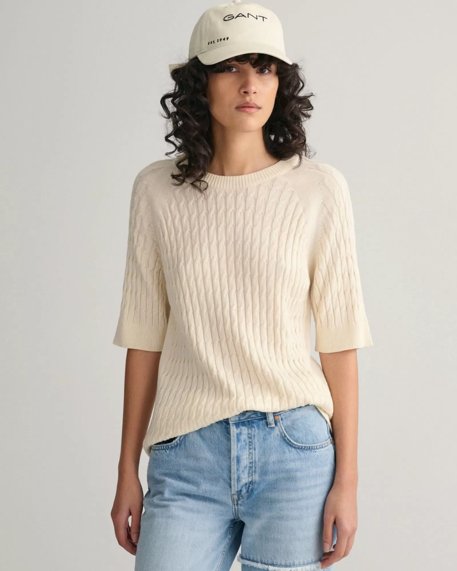 Women GANT Knitwear*Cable Knit Mid Sleeve Sweater CREAM