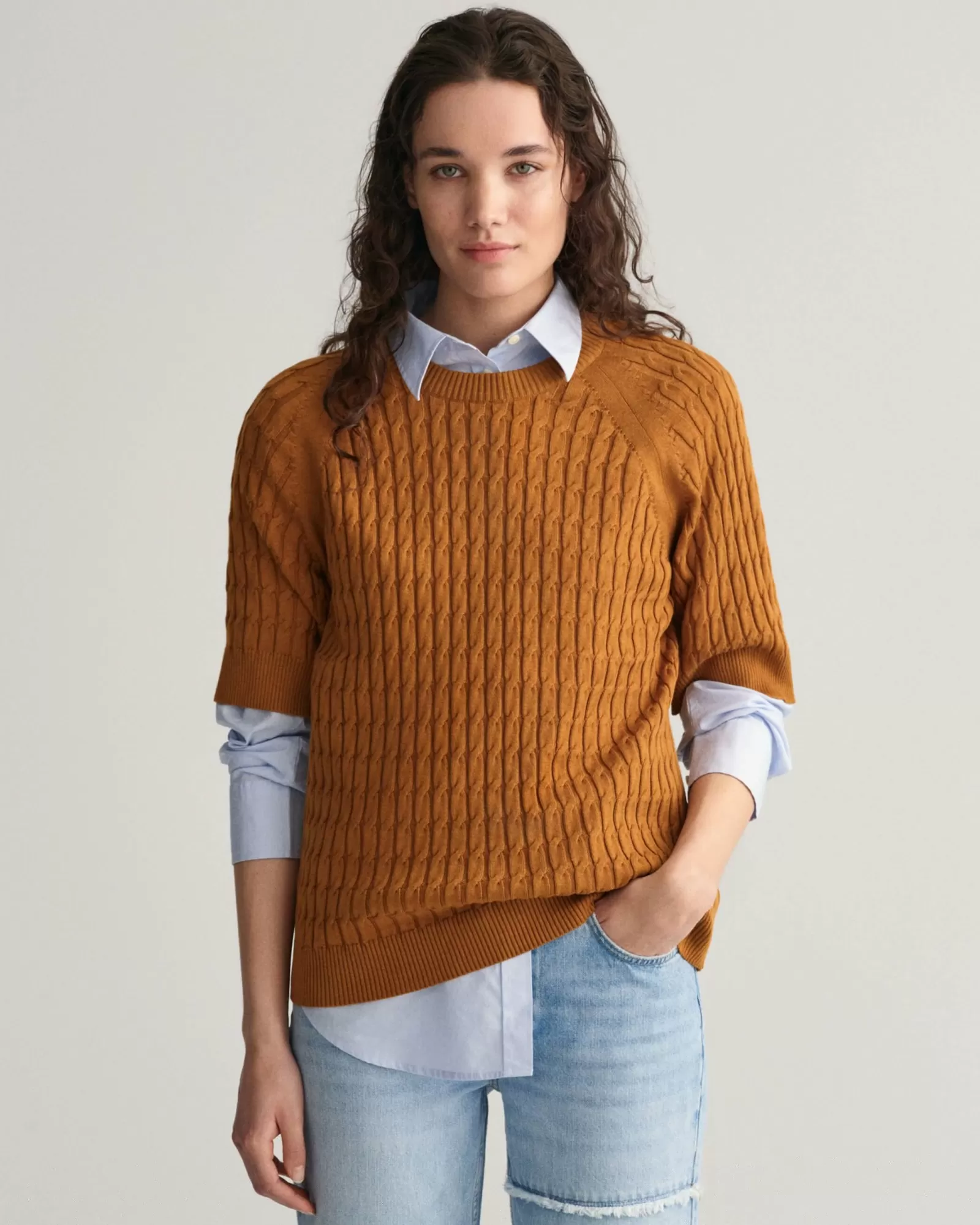 Women GANT Knitwear*Cable Knit Mid Sleeve Sweater CINNAMON BROWN