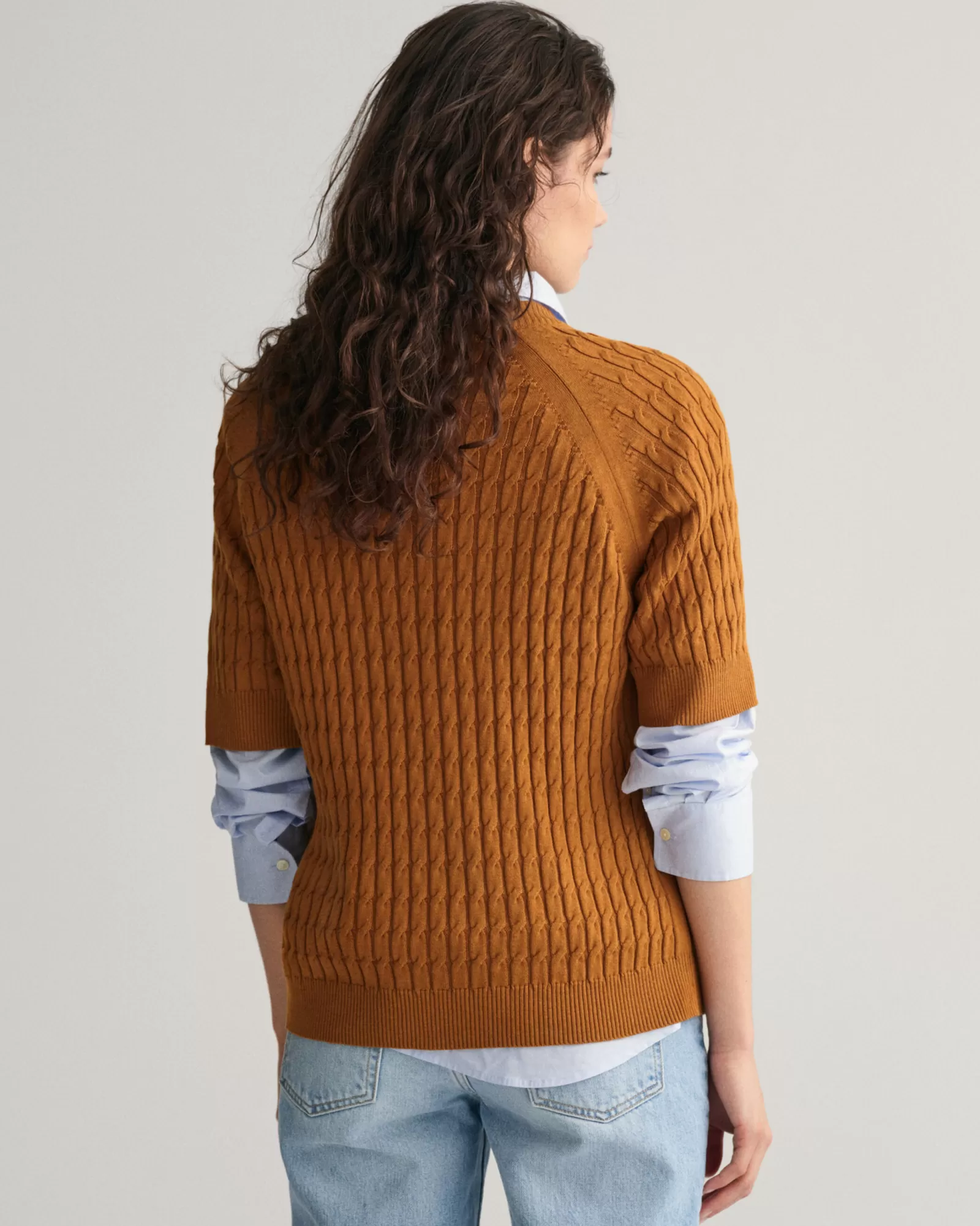 Women GANT Knitwear*Cable Knit Mid Sleeve Sweater CINNAMON BROWN