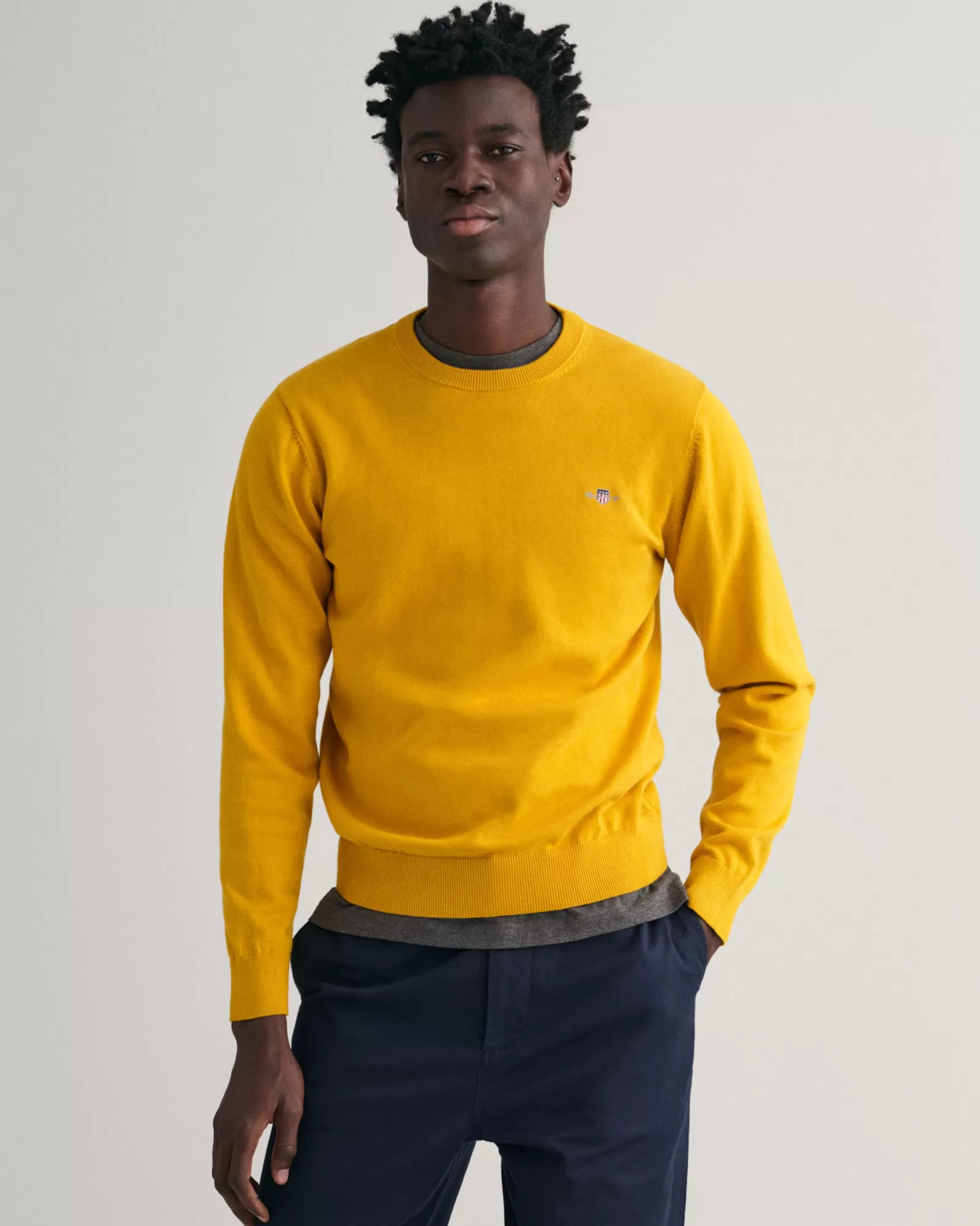 Men GANT Knitwear*Classic Cotton Crew Neck Sweater DARK MUSTARD YELLOW