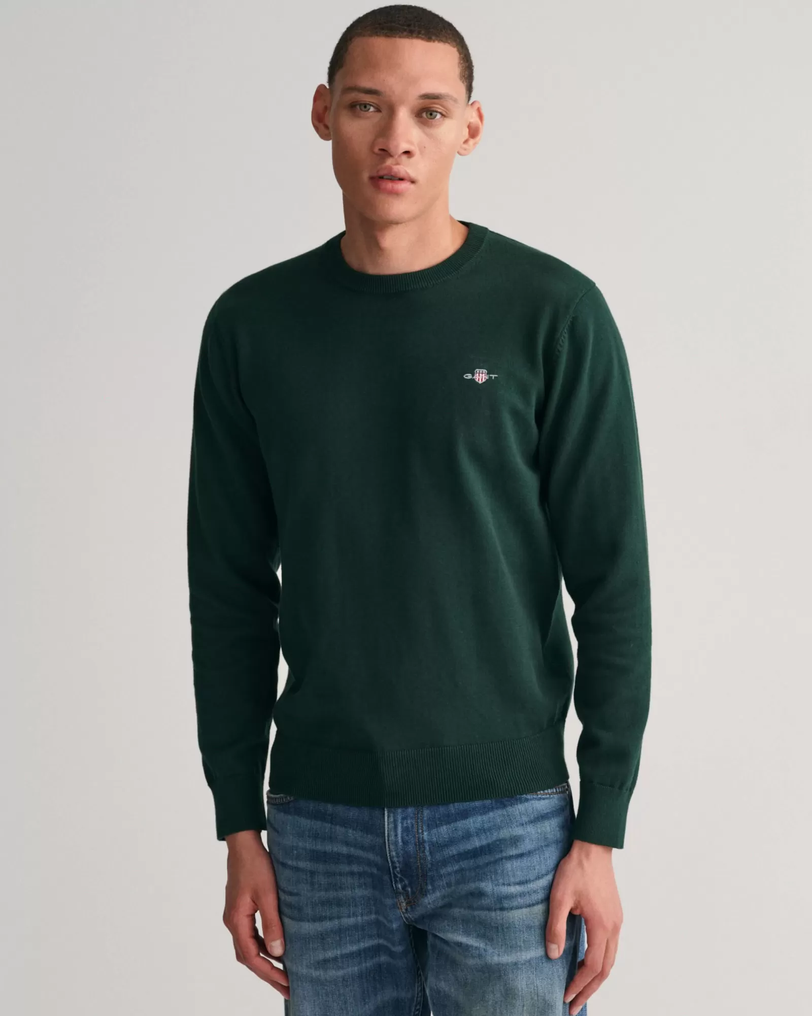 Men GANT Knitwear*Classic Cotton Crew Neck Sweater TARTAN GREEN