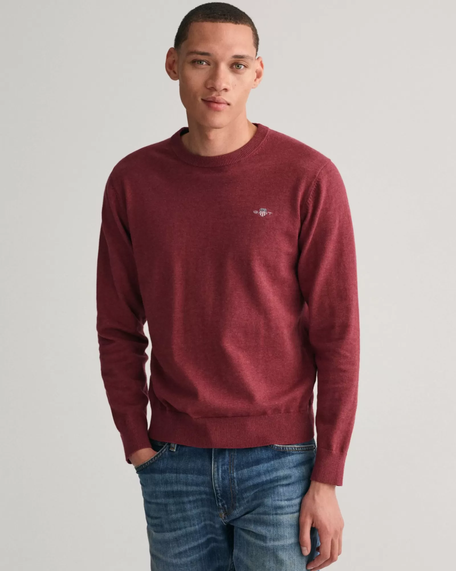 Men GANT Knitwear*Classic Cotton Crew Neck Sweater BORDEAUX MELANGE