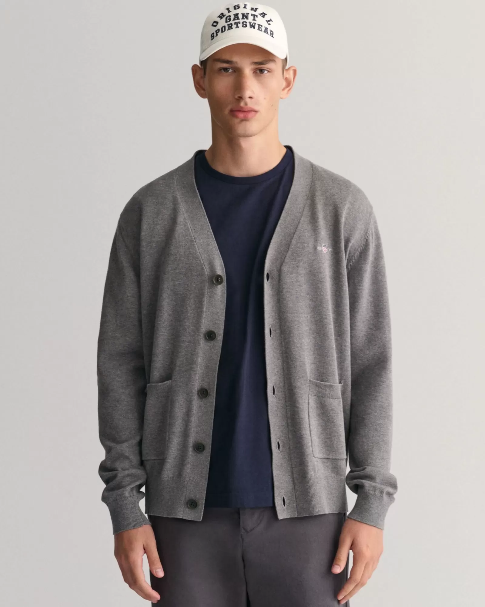 Men GANT Knitwear*Classic Cotton V-Neck Cardigan DARK GREY MELANGE