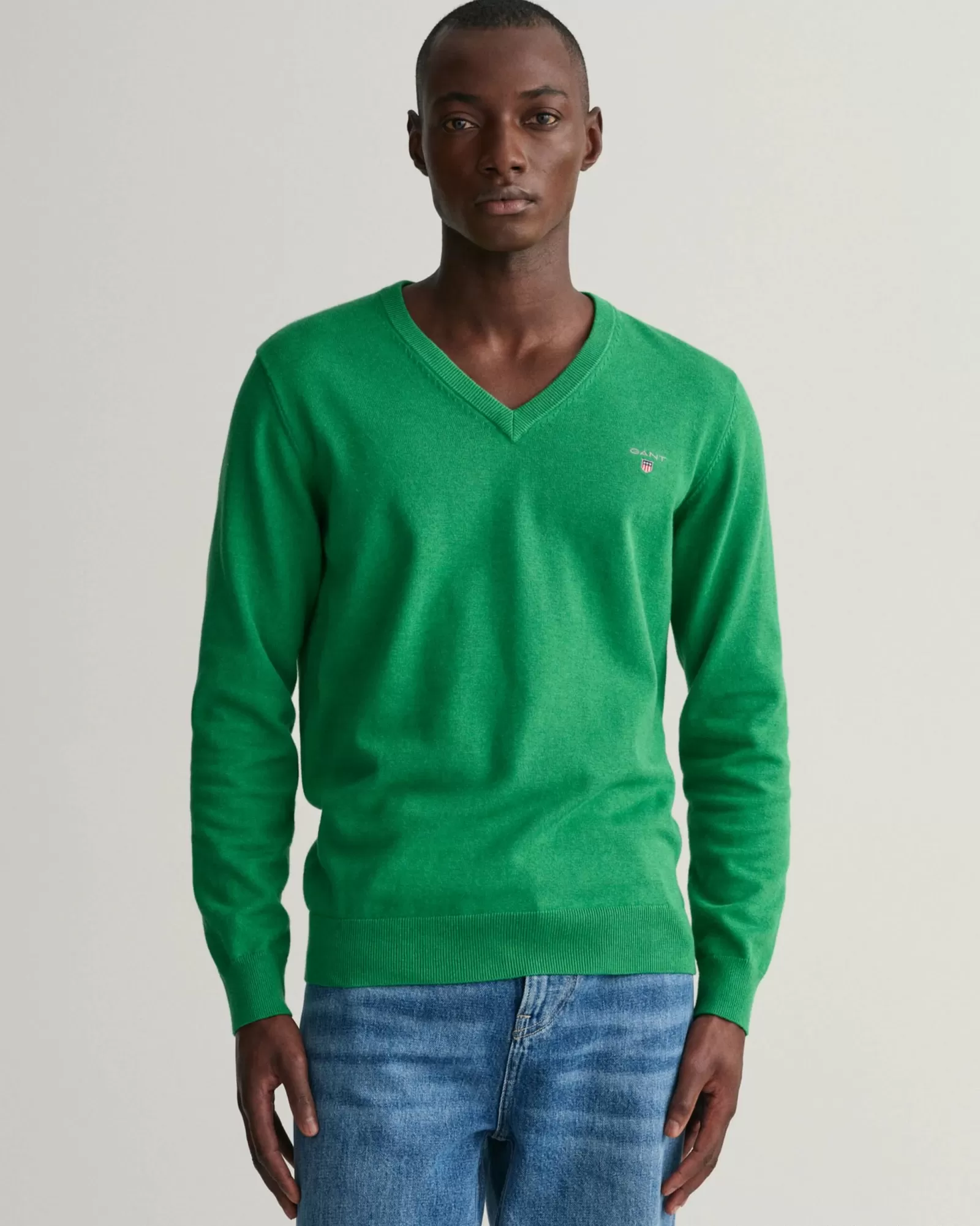 Men GANT Knitwear*Classic Cotton V-Neck Sweater MID GREEN MELANGE