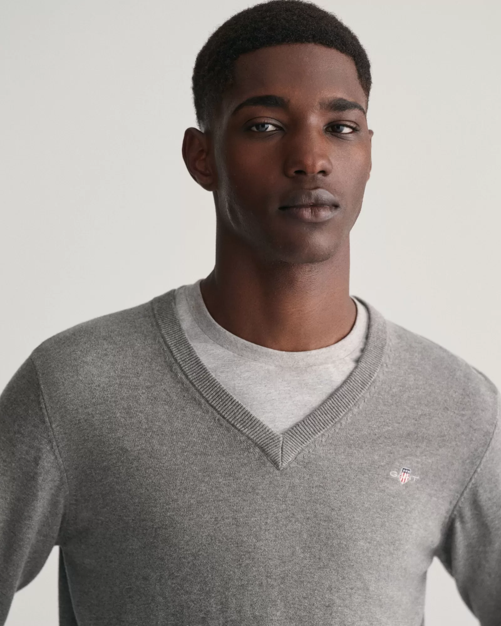 Men GANT Knitwear*Classic Cotton V-Neck Sweater DARK GREY MELANGE