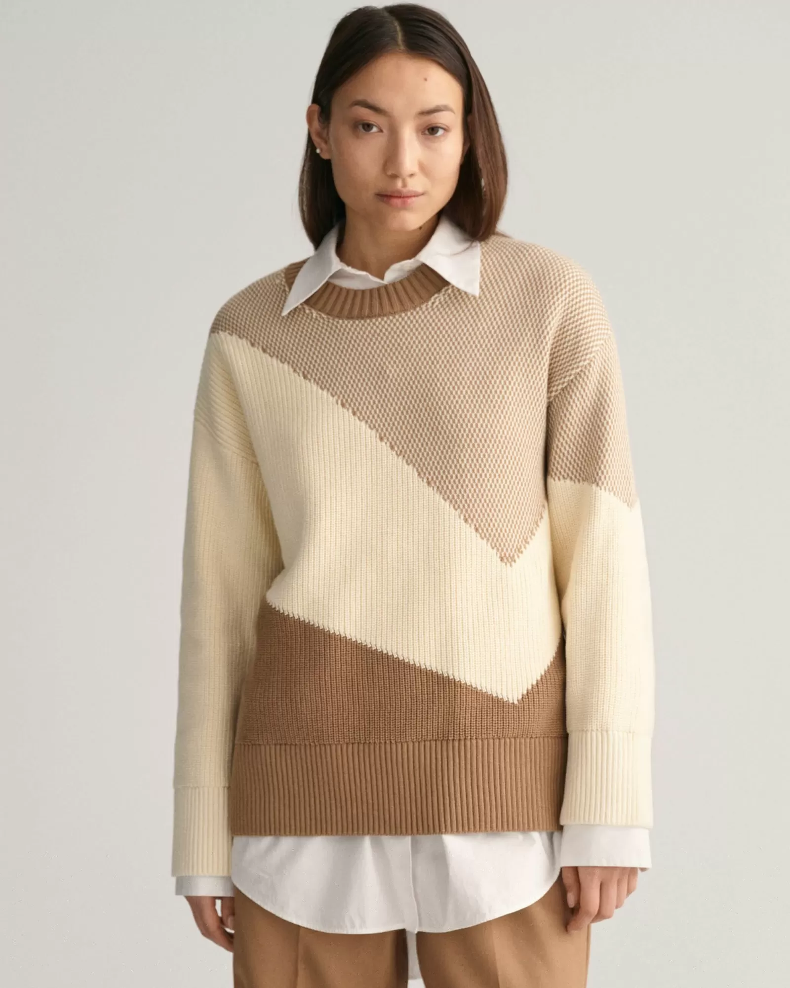 Women GANT Knitwear*Color Blocked Cotton Crew Neck Sweater WARM KHAKI