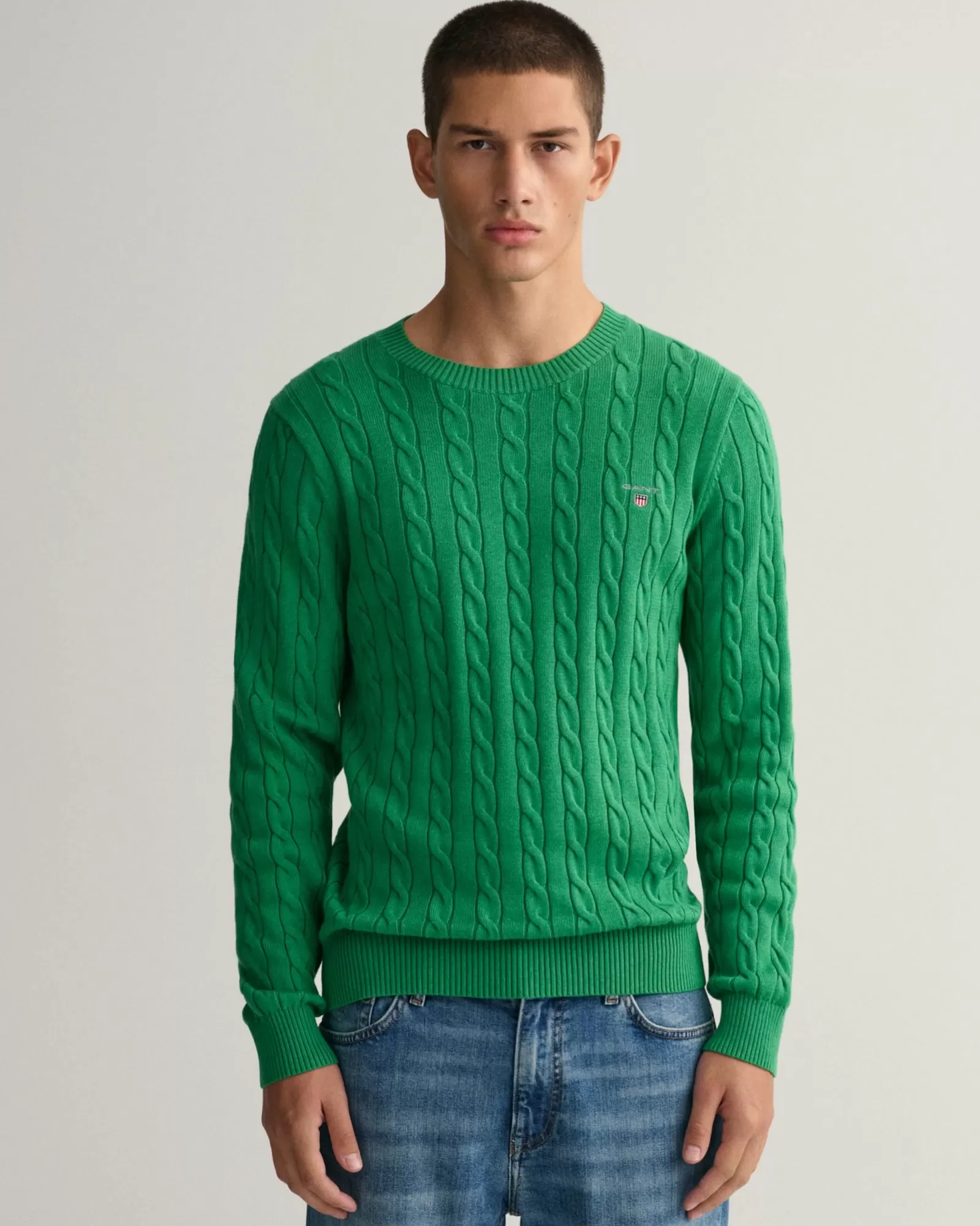 Men GANT Knitwear*Cotton Cable Knit Crew Neck Sweater MID GREEN MELANGE