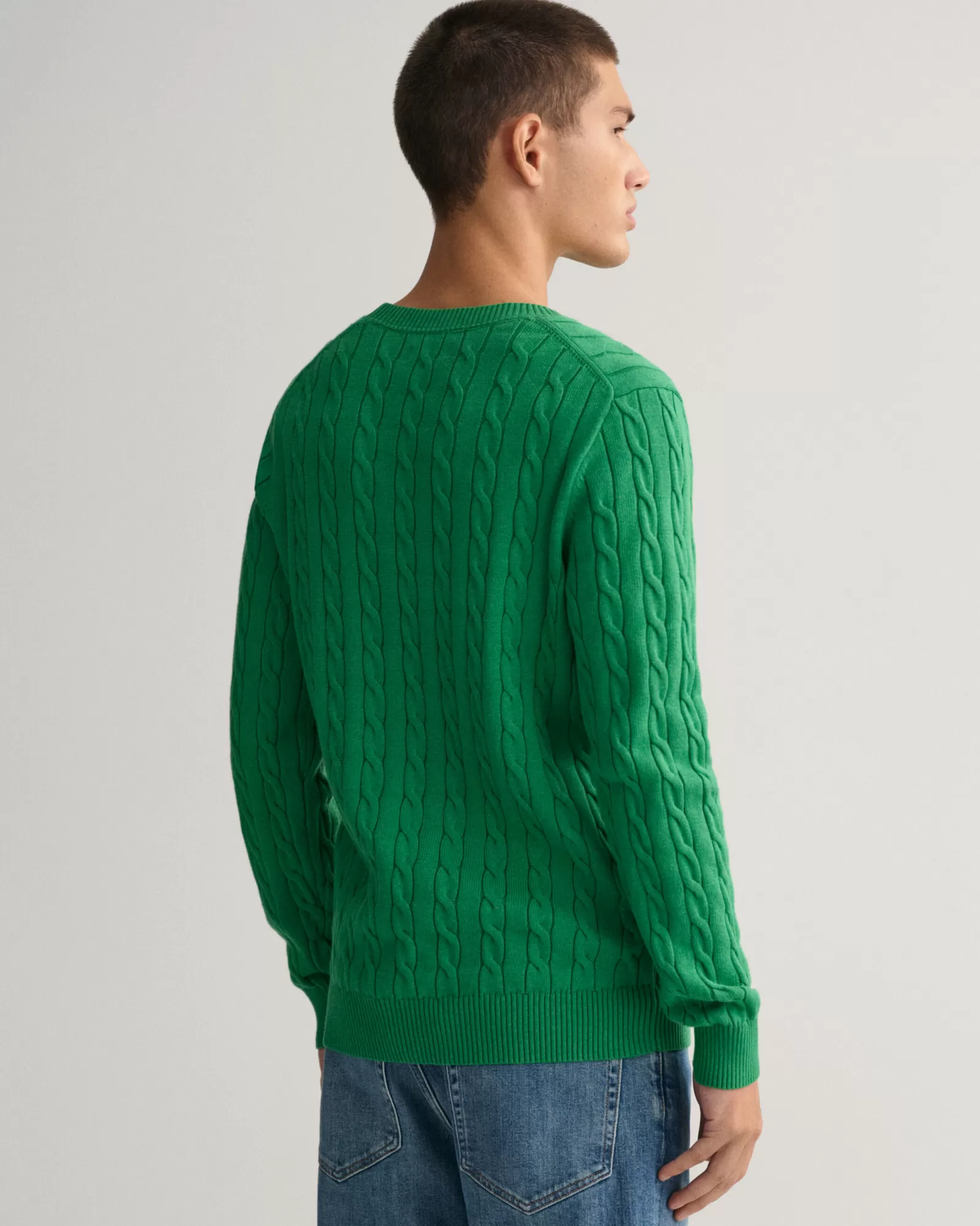 Men GANT Knitwear*Cotton Cable Knit Crew Neck Sweater MID GREEN MELANGE