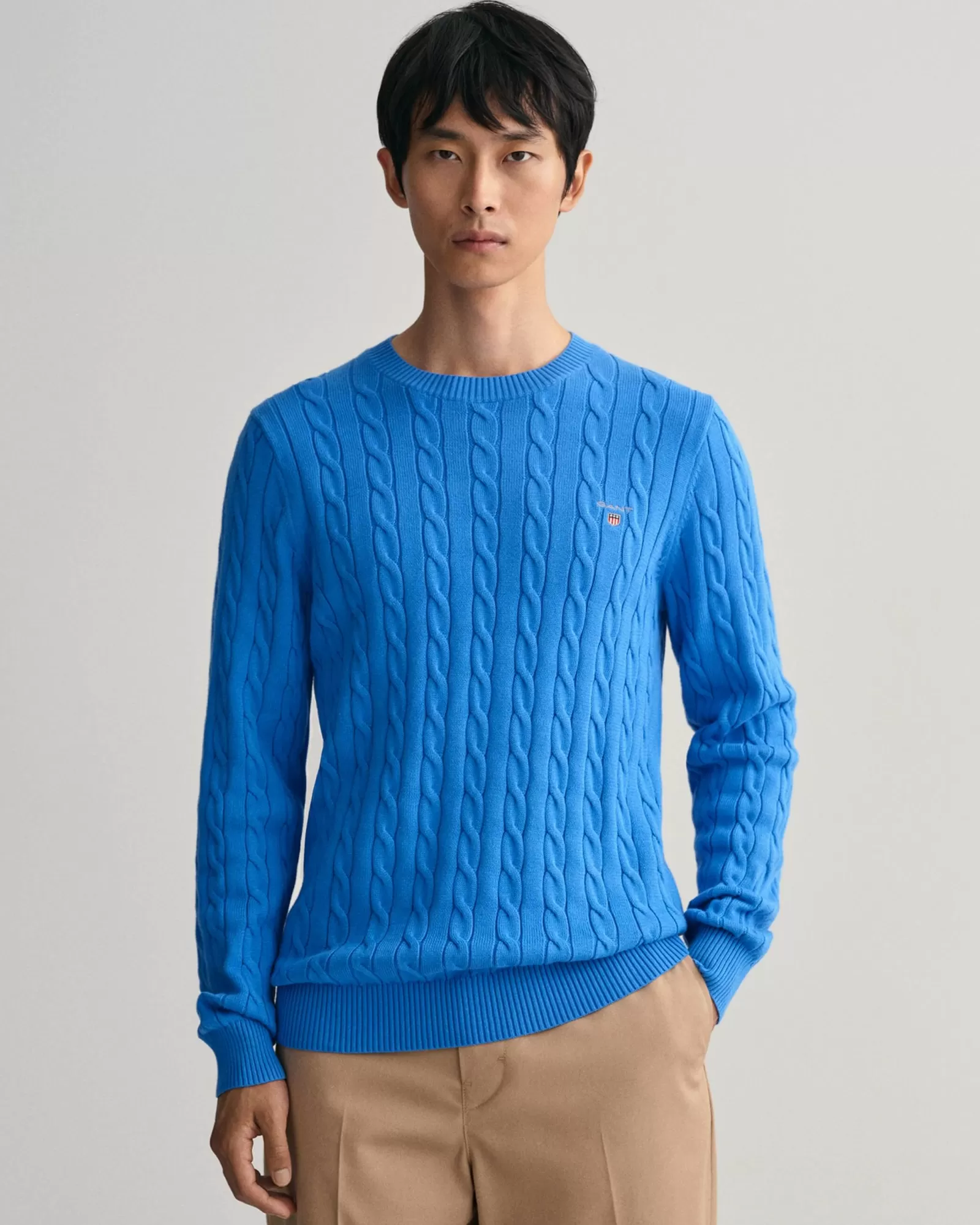 Men GANT Knitwear*Cotton Cable Knit Crew Neck Sweater DAY BLUE