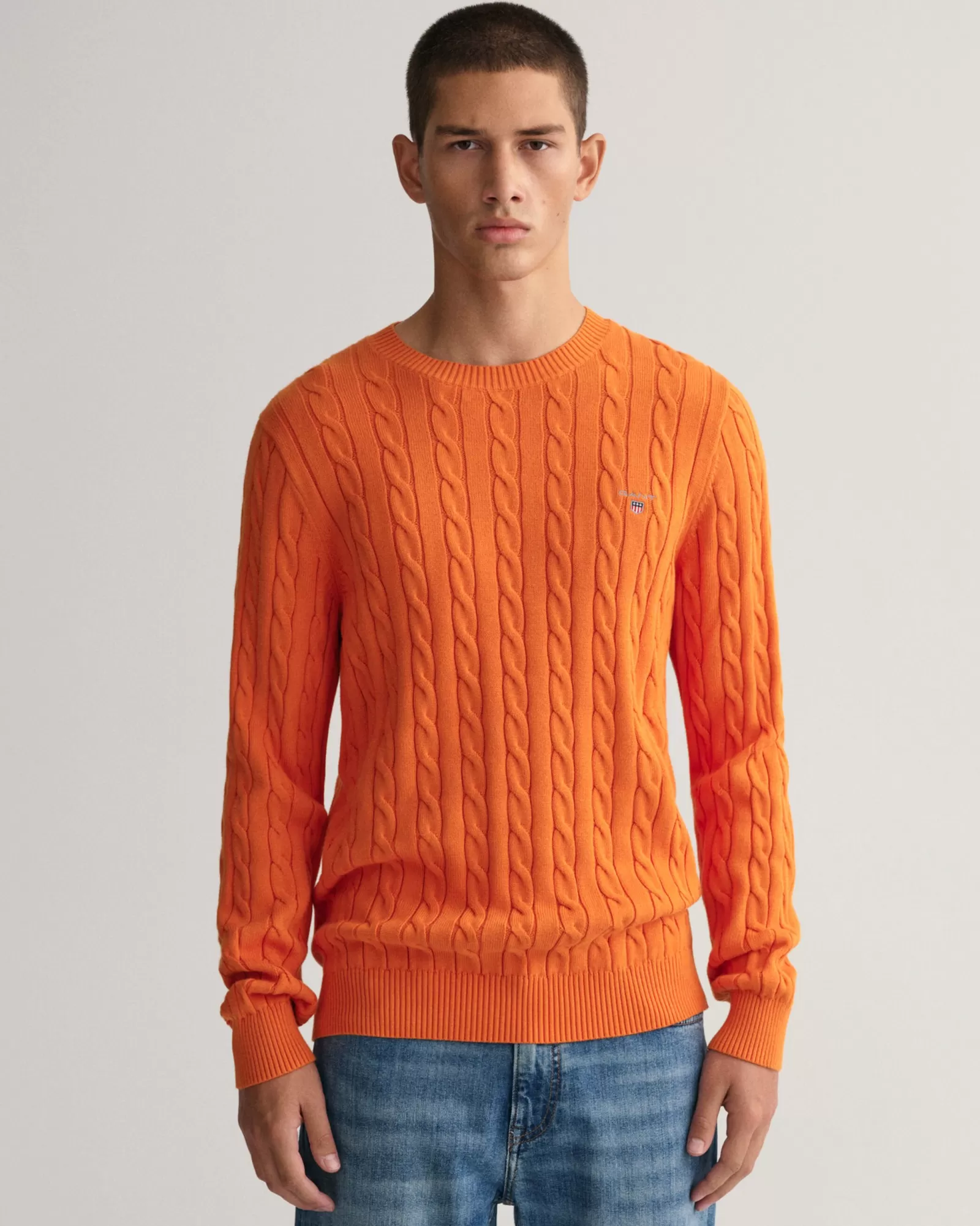 Men GANT Knitwear*Cotton Cable Knit Crew Neck Sweater PUMPKIN ORANGE