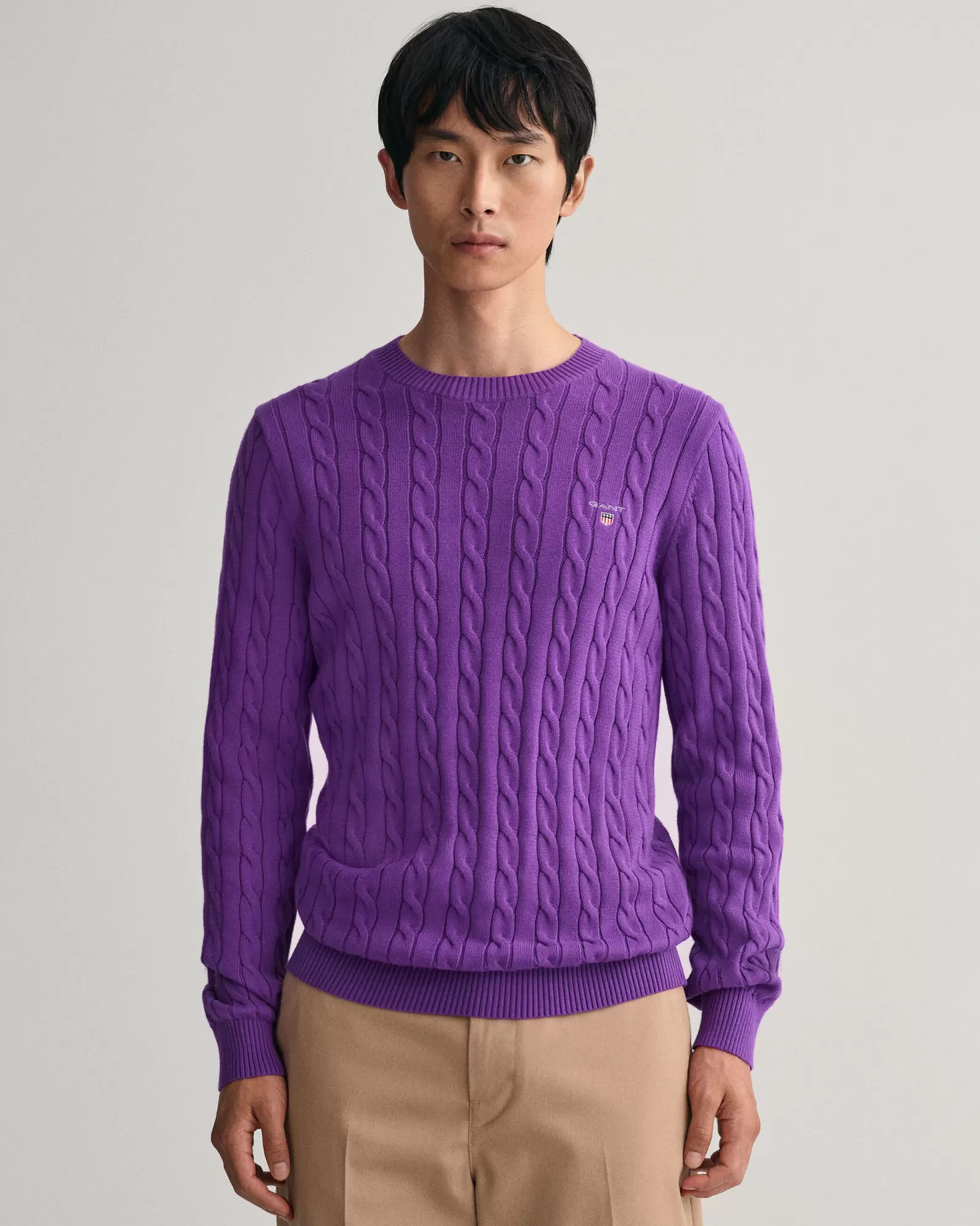 Men GANT Knitwear*Cotton Cable Knit Crew Neck Sweater DARK VIOLET