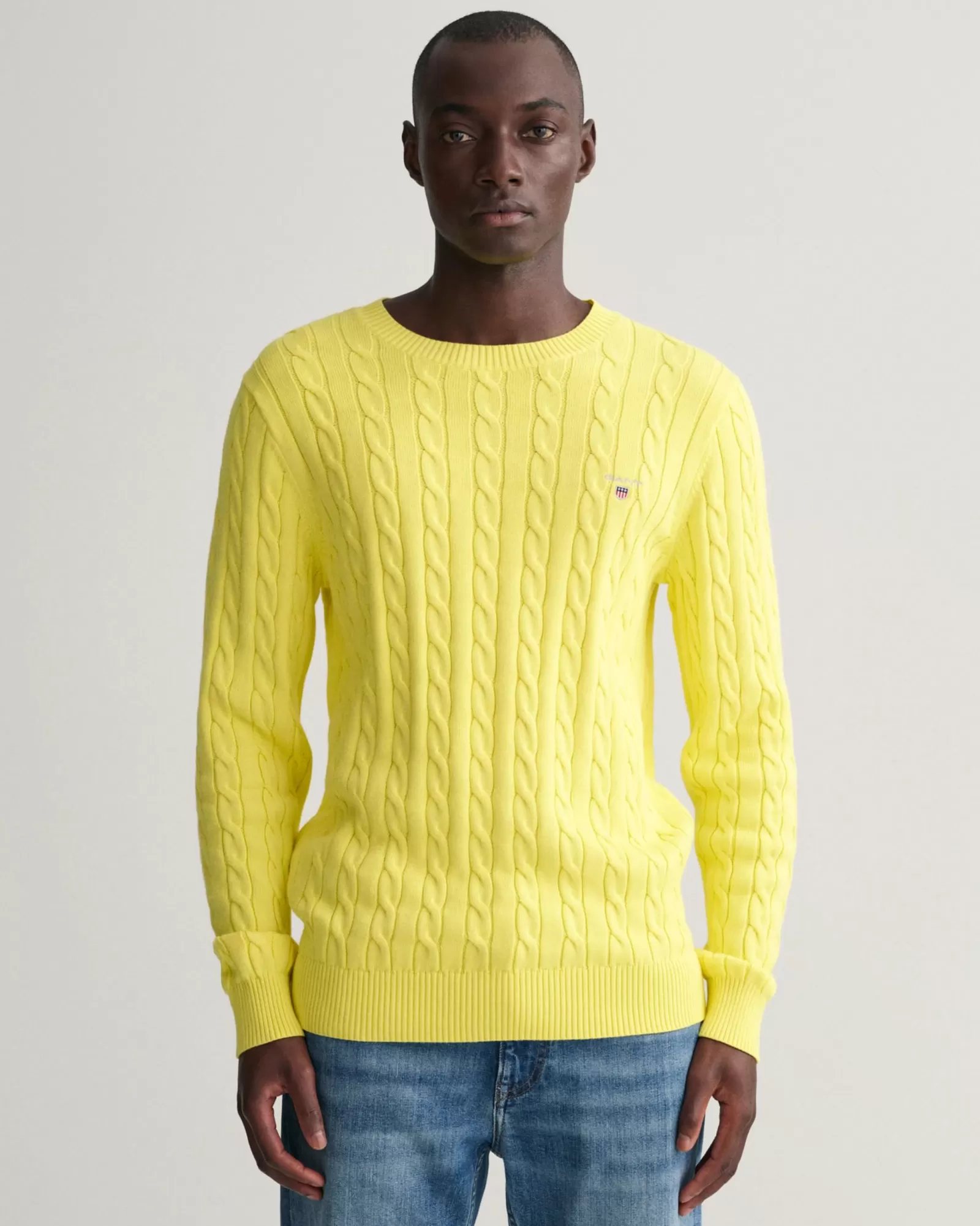 Men GANT Knitwear*Cotton Cable Knit Crew Neck Sweater CLEAR YELLOW