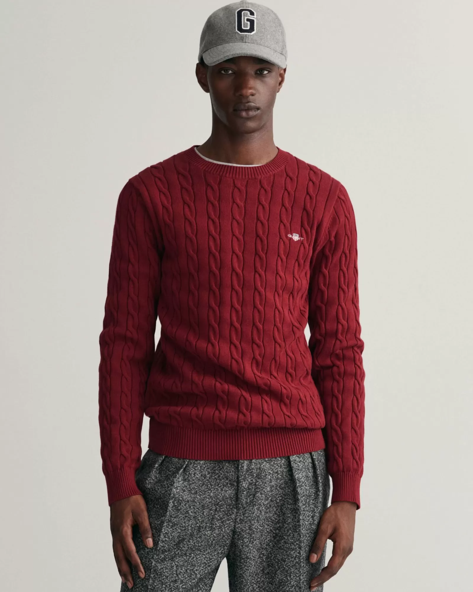 Men GANT Knitwear*Cotton Cable Knit Crew Neck Sweater PLUMPED RED