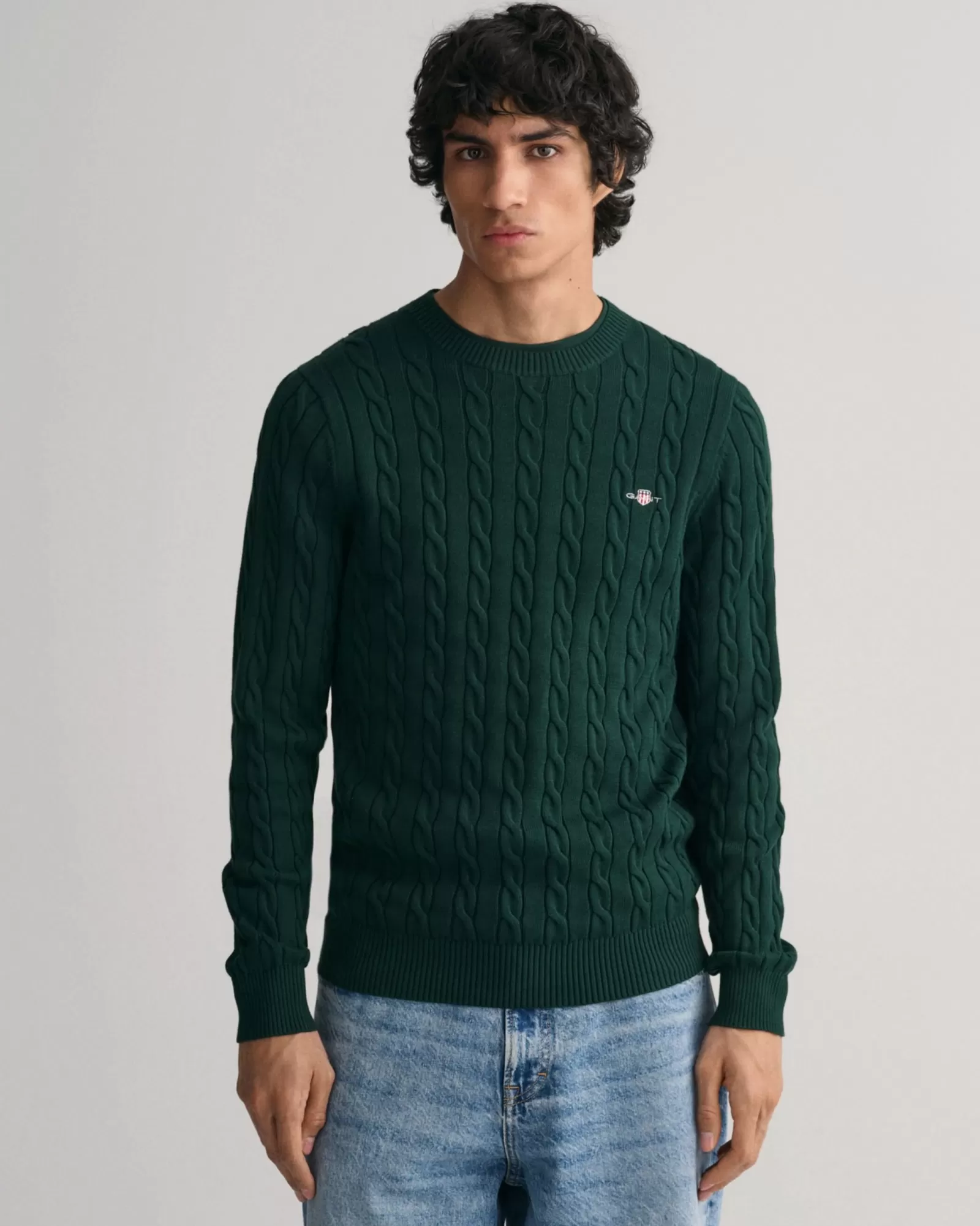 Men GANT Knitwear*Cotton Cable Knit Crew Neck Sweater TARTAN GREEN