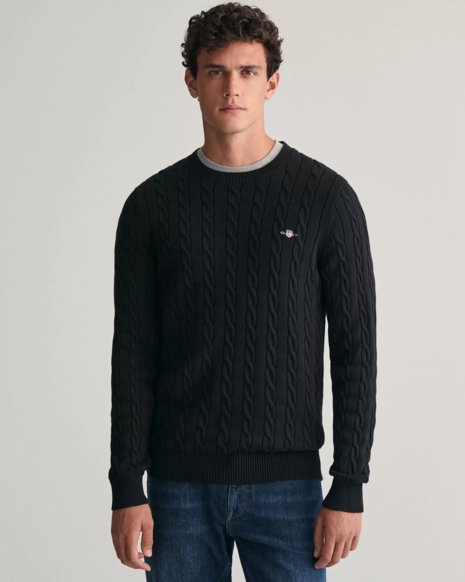 Men GANT Knitwear*Cotton Cable Knit Crew Neck Sweater BLACK