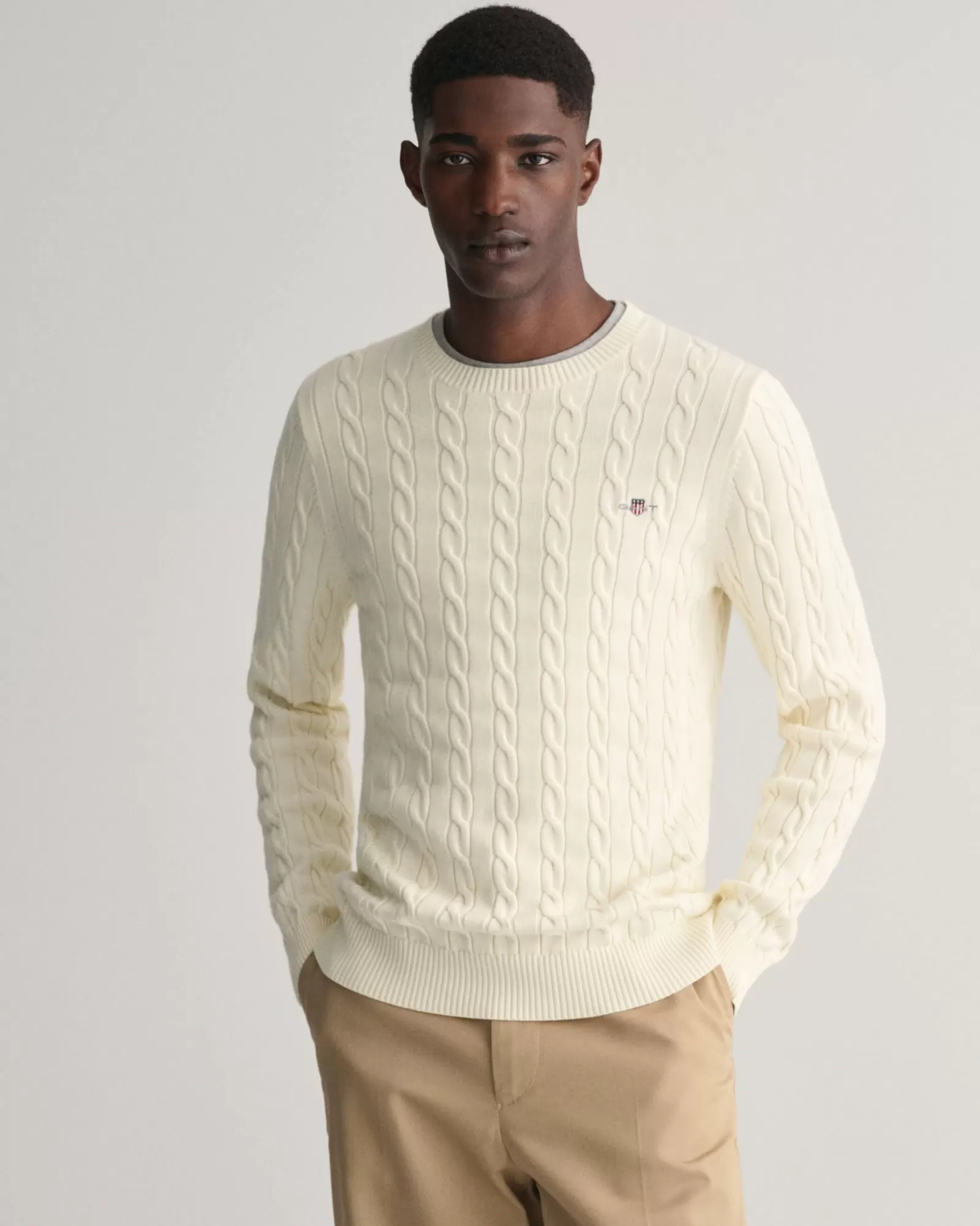 Men GANT Knitwear*Cotton Cable Knit Crew Neck Sweater CREAM