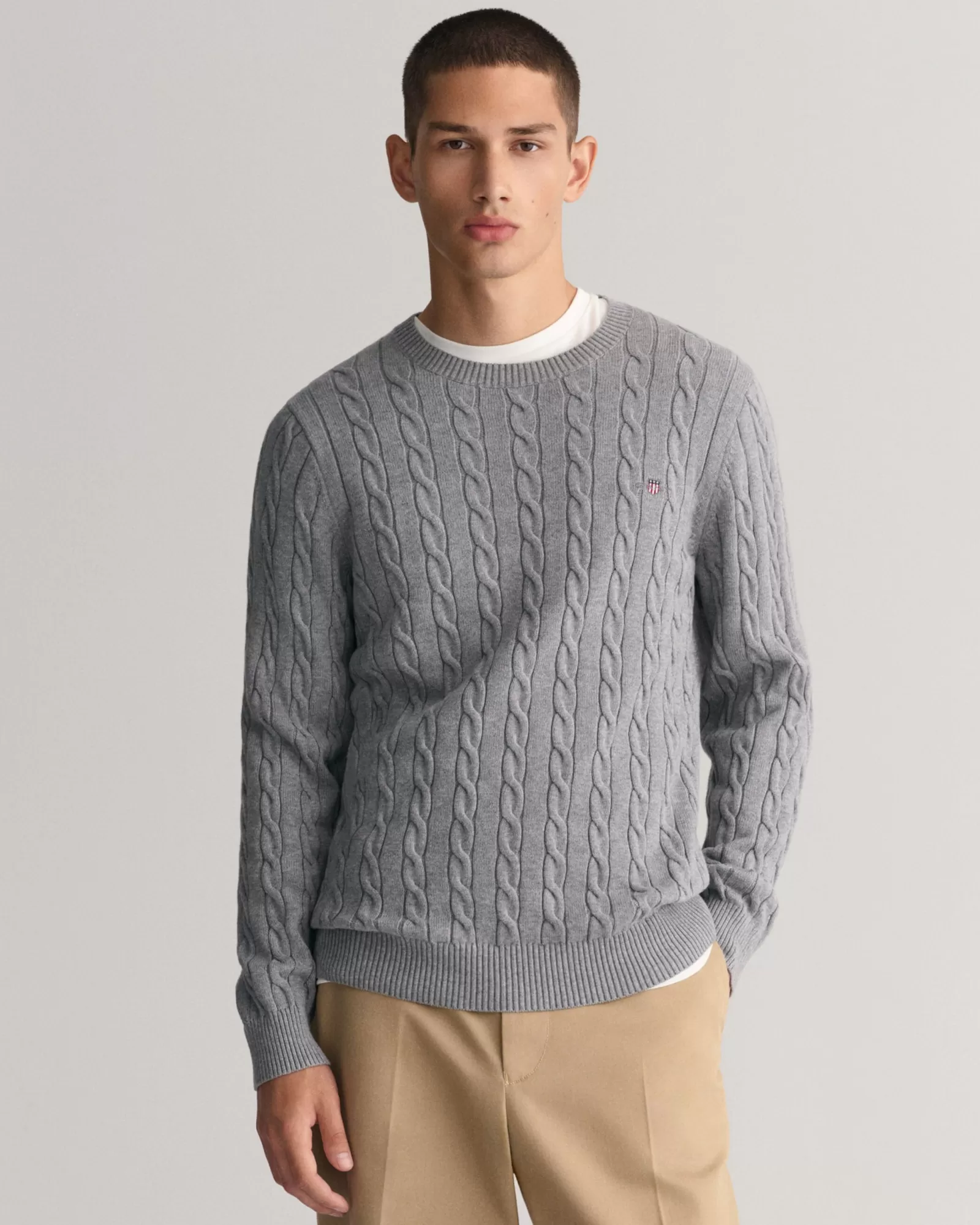 Men GANT Knitwear*Cotton Cable Knit Crew Neck Sweater GREY MELANGE