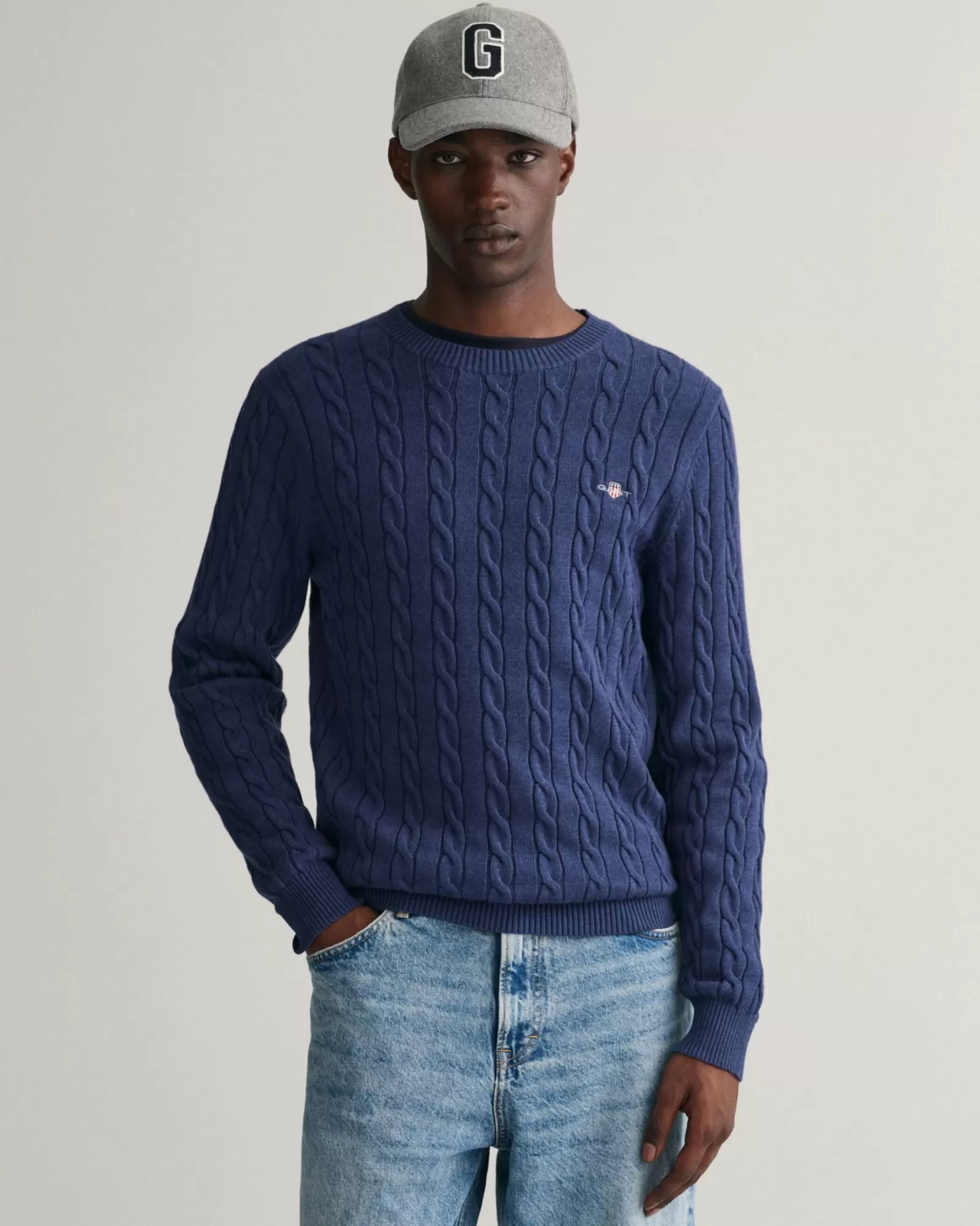 Men GANT Knitwear*Cotton Cable Knit Crew Neck Sweater MARINE MELANGE