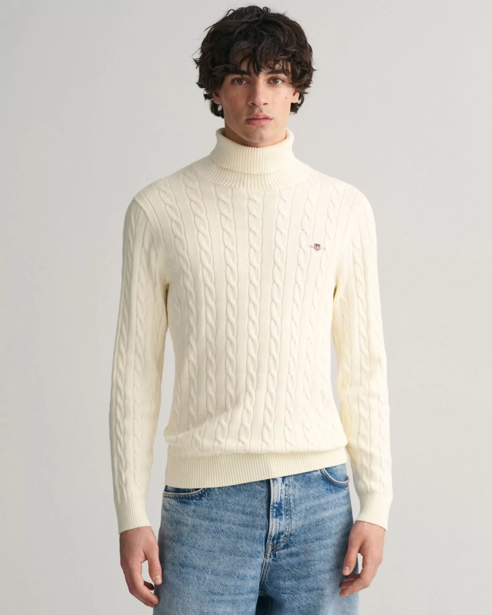 Men GANT Knitwear*Cotton Cable Knit Turtleneck Sweater CREAM