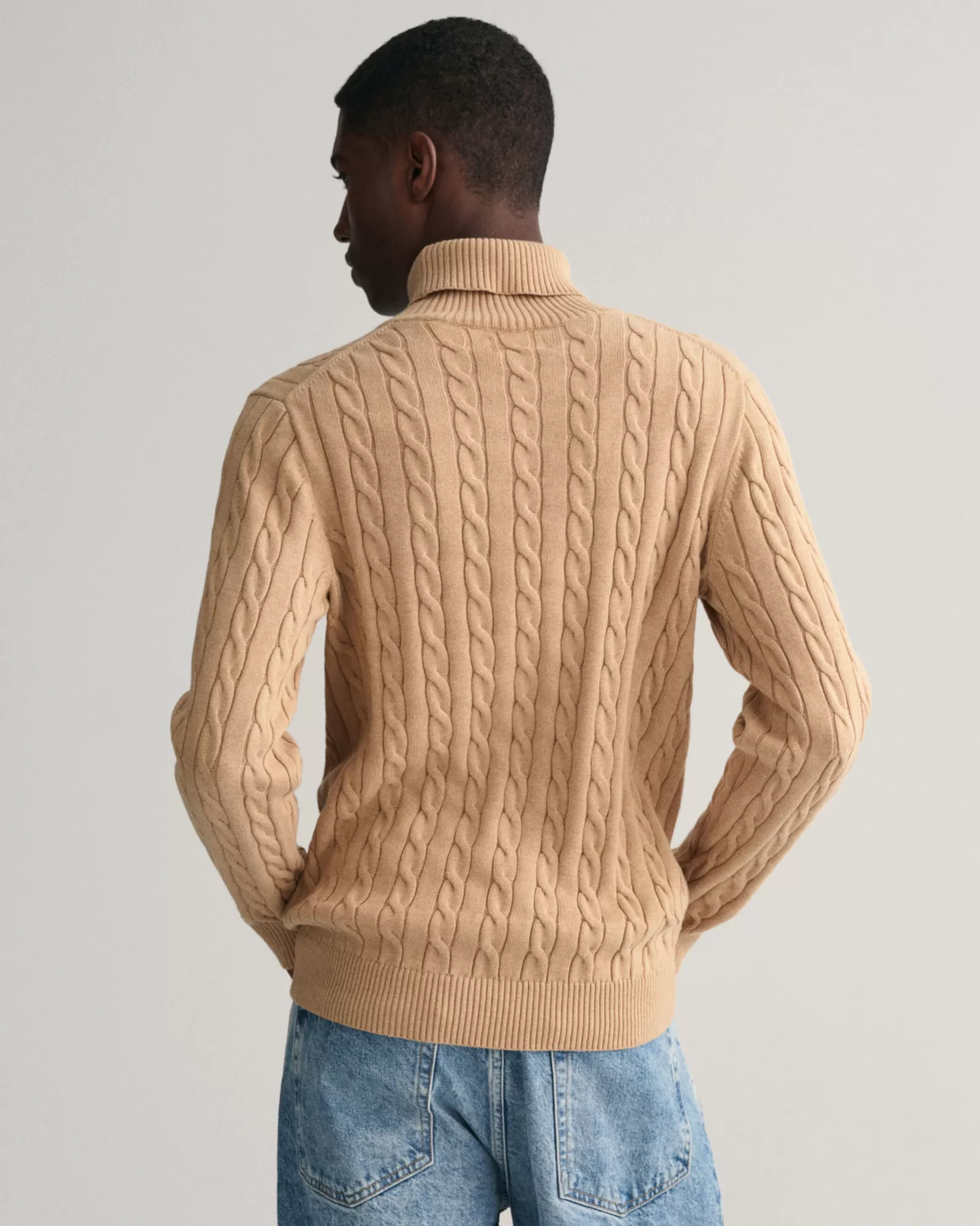 Men GANT Knitwear*Cotton Cable Knit Turtleneck Sweater KHAKI MELANGE