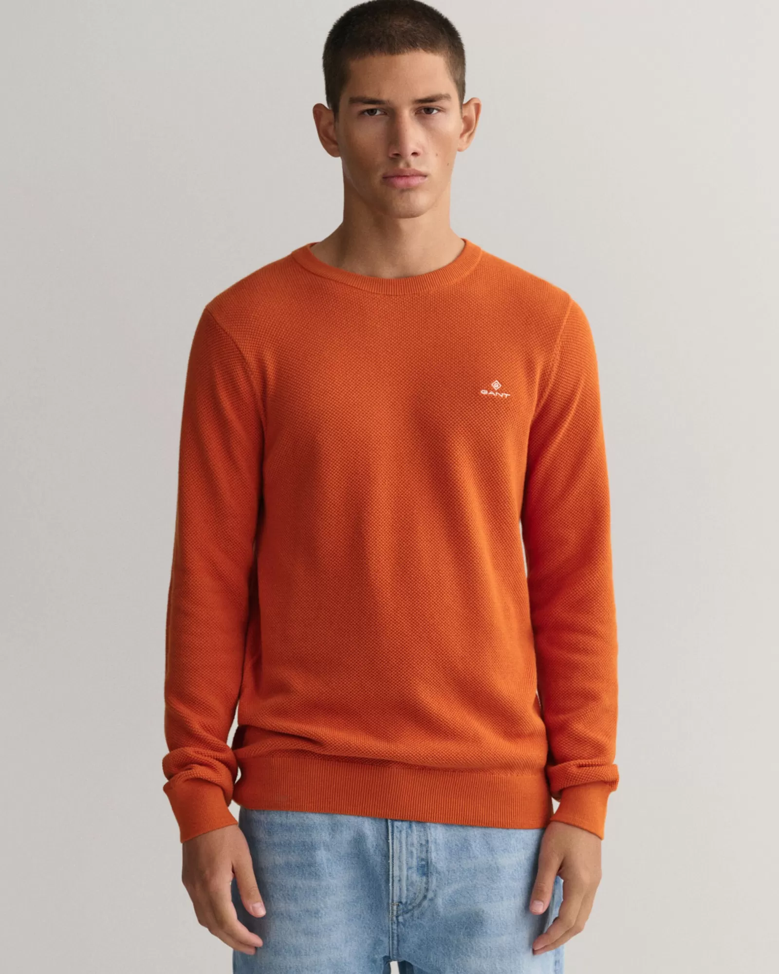 Men GANT Knitwear*Cotton Piqué Crew Neck Sweater PUMPKIN ORANGE