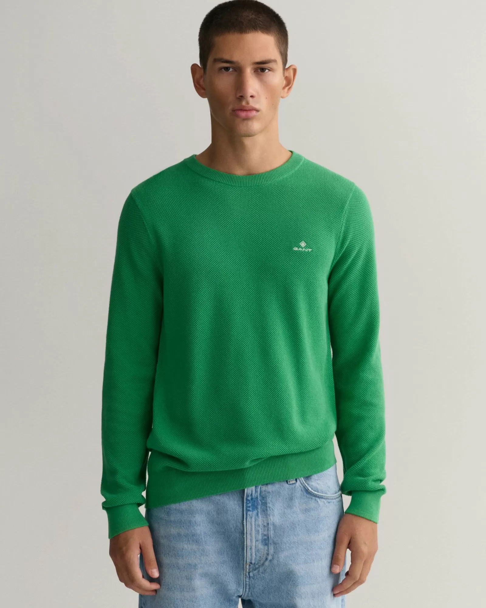 Men GANT Knitwear*Cotton Piqué Crew Neck Sweater MID GREEN