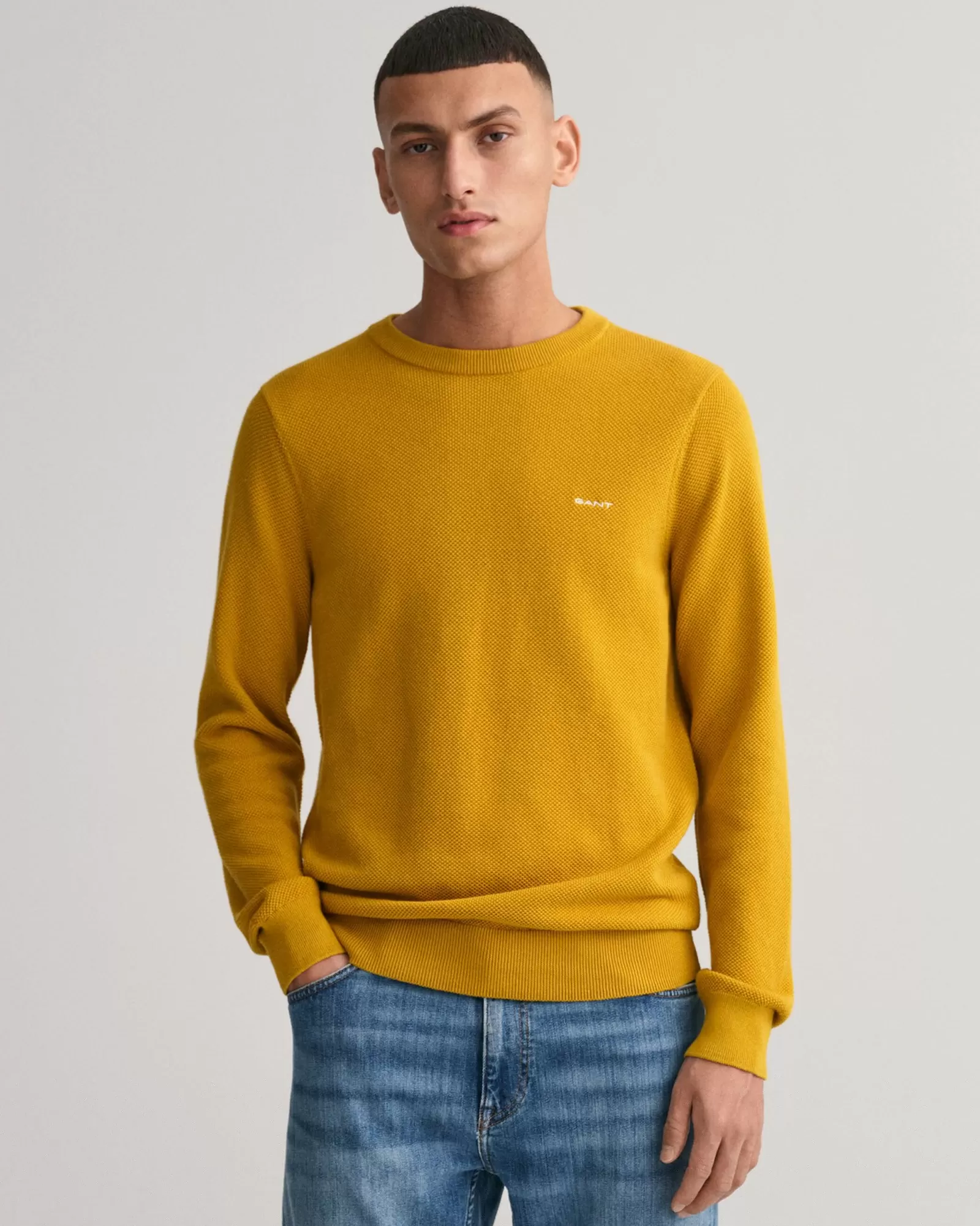 Men GANT Knitwear*Cotton Piqué Crew Neck Sweater DARK MUSTARD YELLOW