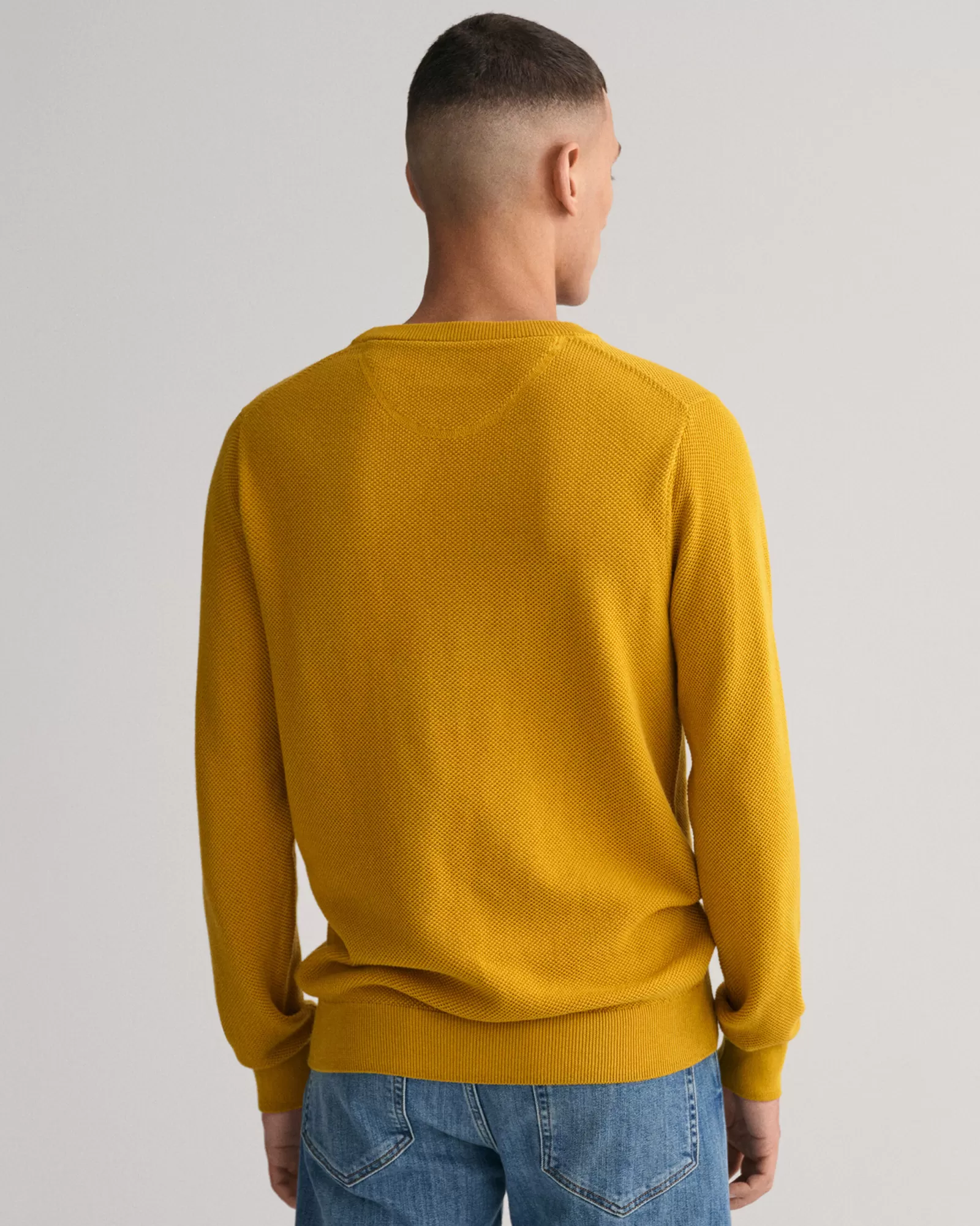 Men GANT Knitwear*Cotton Piqué Crew Neck Sweater DARK MUSTARD YELLOW