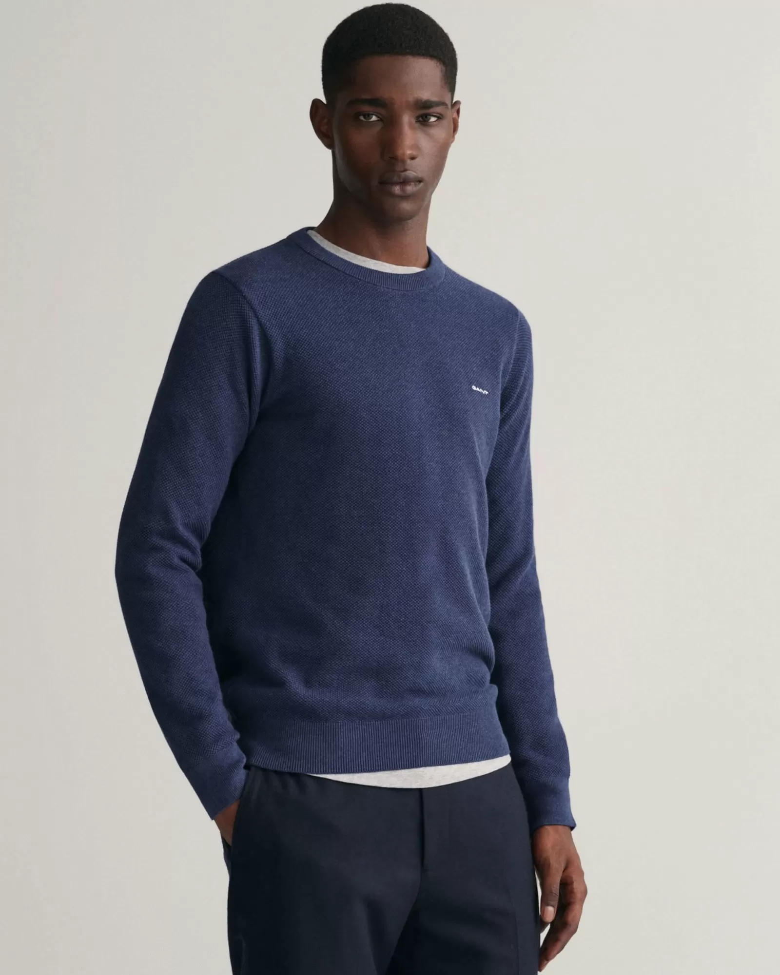 Men GANT Knitwear*Cotton Piqué Crew Neck Sweater MARINE MELANGE