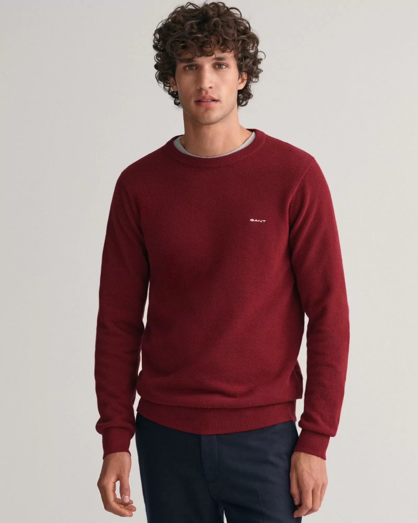 Men GANT Knitwear*Cotton Piqué Crew Neck Sweater PLUMPED RED