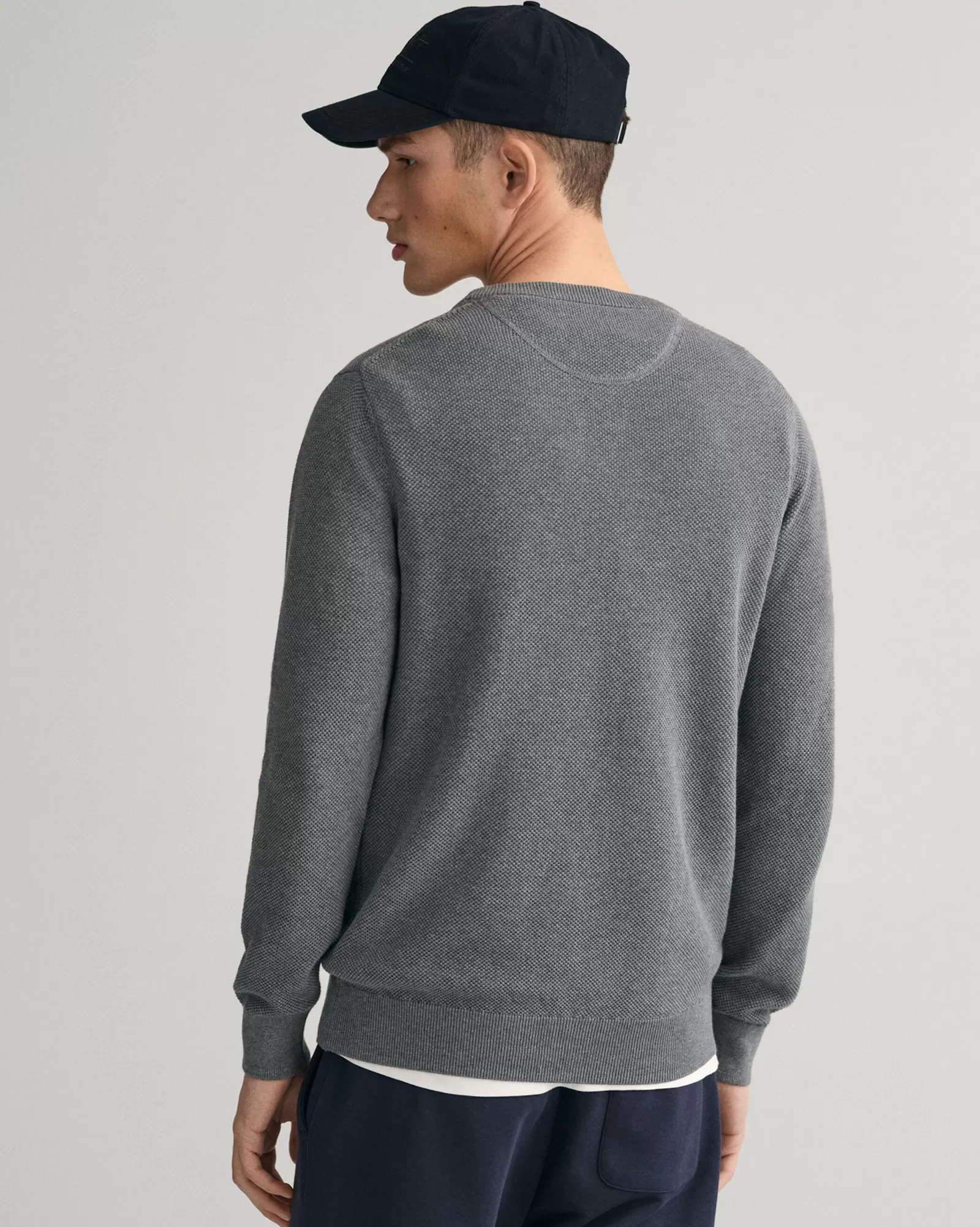 Men GANT Knitwear*Cotton Piqué Crew Neck Sweater DARK GREY MELANGE