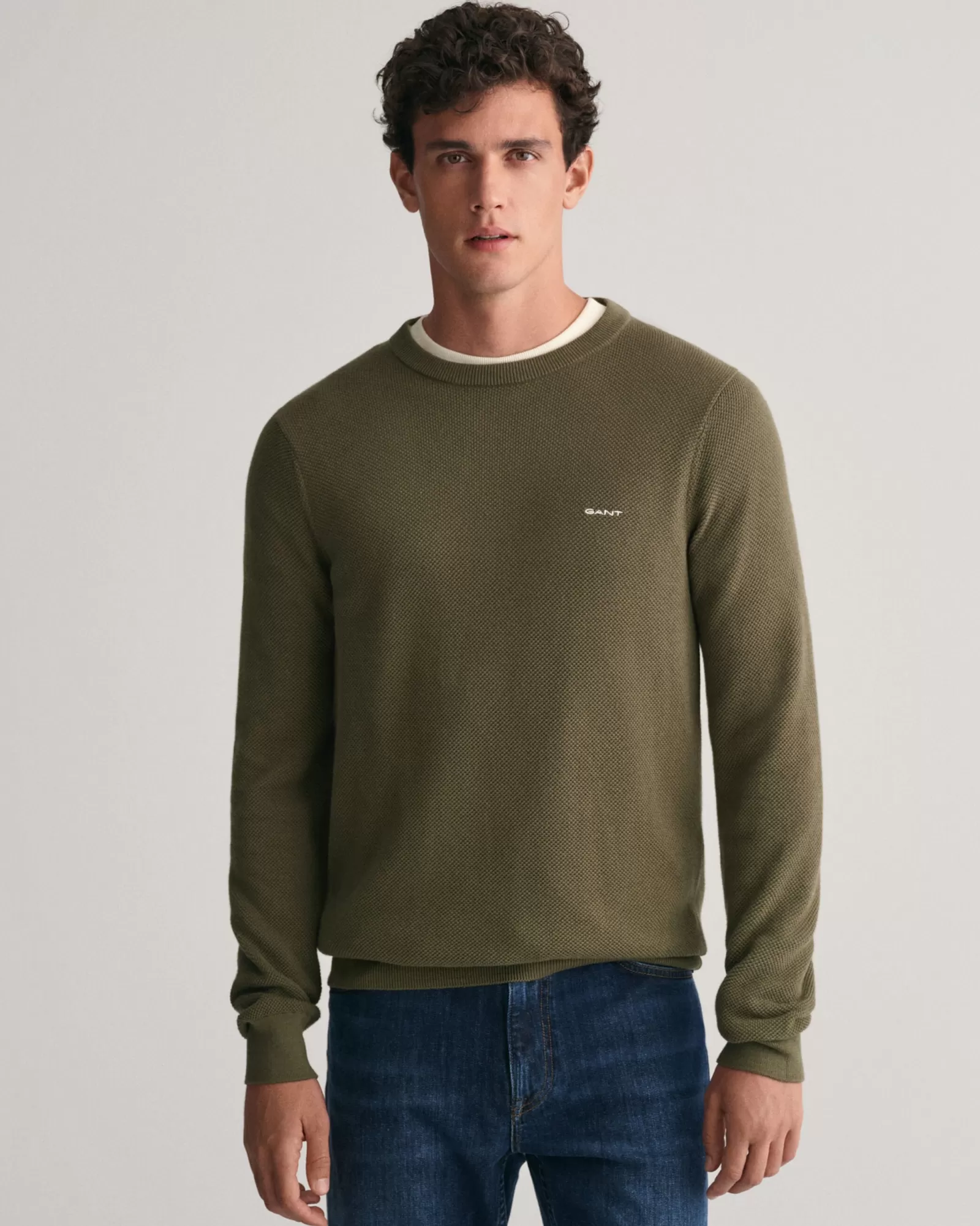 Men GANT Knitwear*Cotton Piqué Crew Neck Sweater RACING GREEN