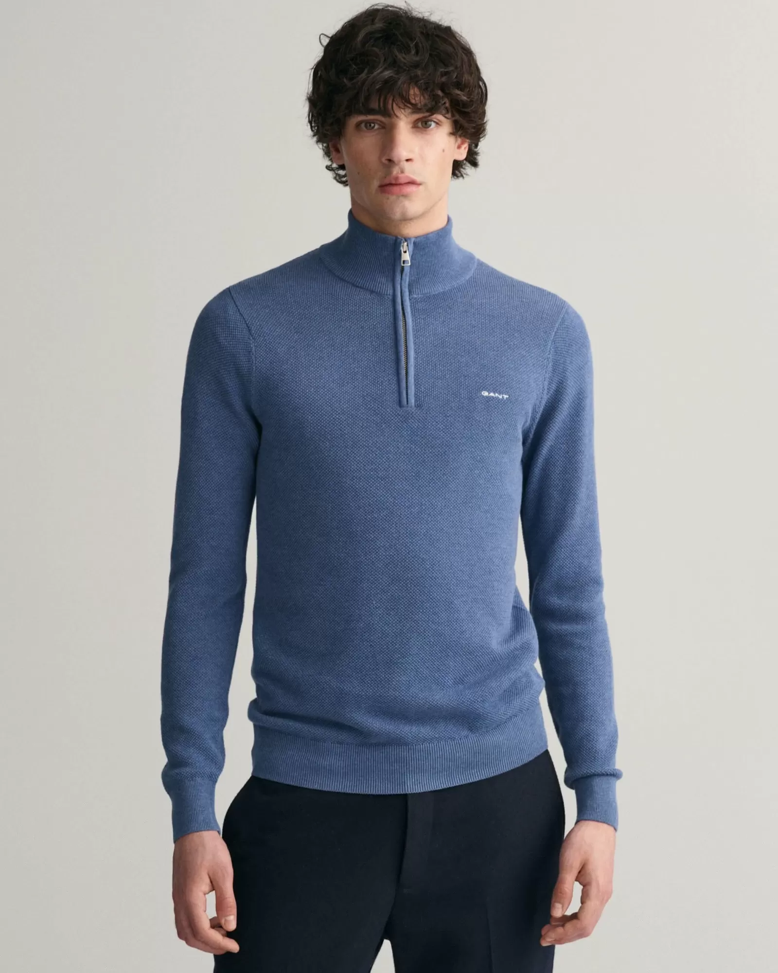 Men GANT Knitwear*Cotton Piqué Half-Zip Sweater DENIM BLUE MELANGE