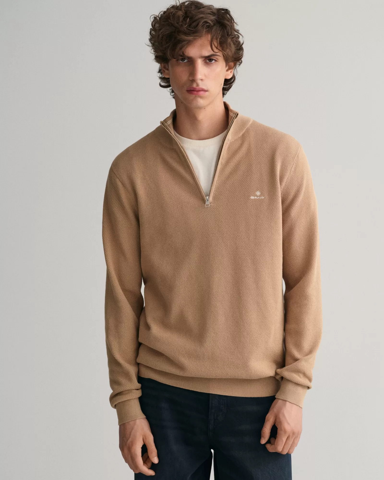 Men GANT Knitwear*Cotton Piqué Half-Zip Sweater DARK KHAKI