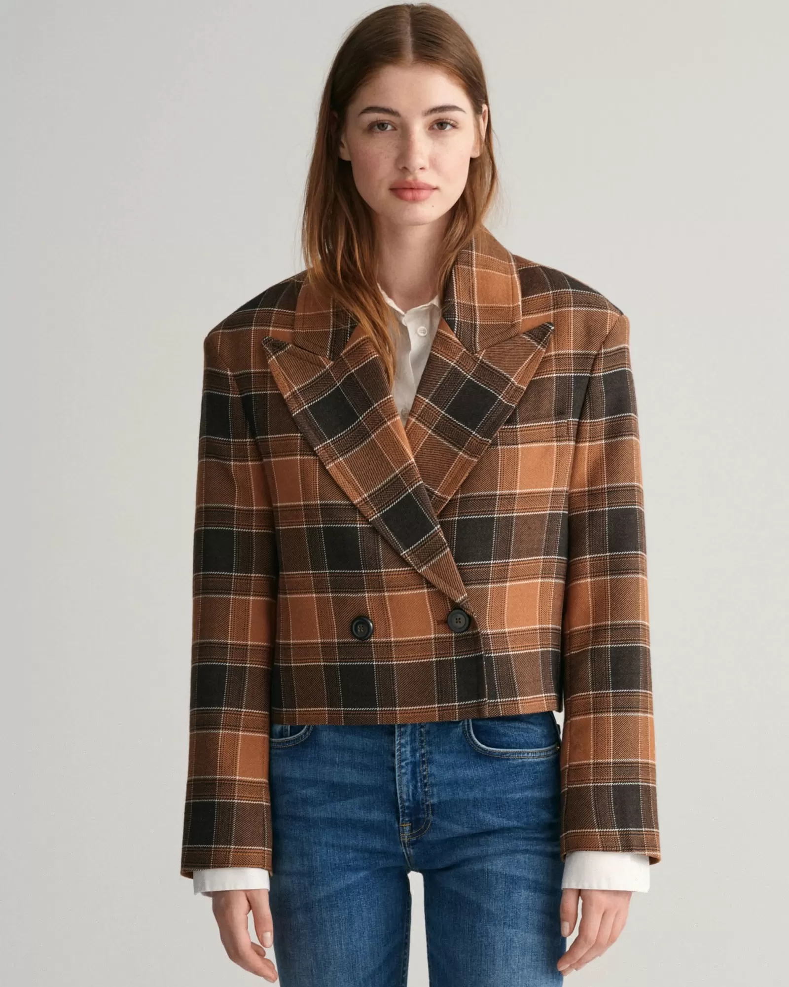 Women GANT Blazers | Jackets & Coats*Cropped Checked Wool Blazer Jacket CINNAMON BROWN