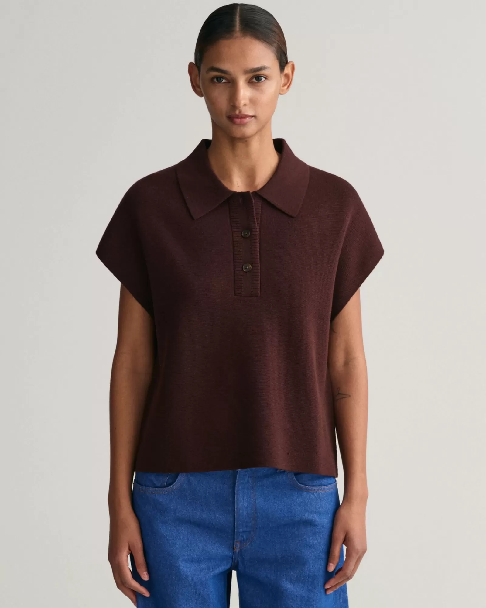 Women GANT Knitwear*Cropped Polo Vest DARK MAHOGANY