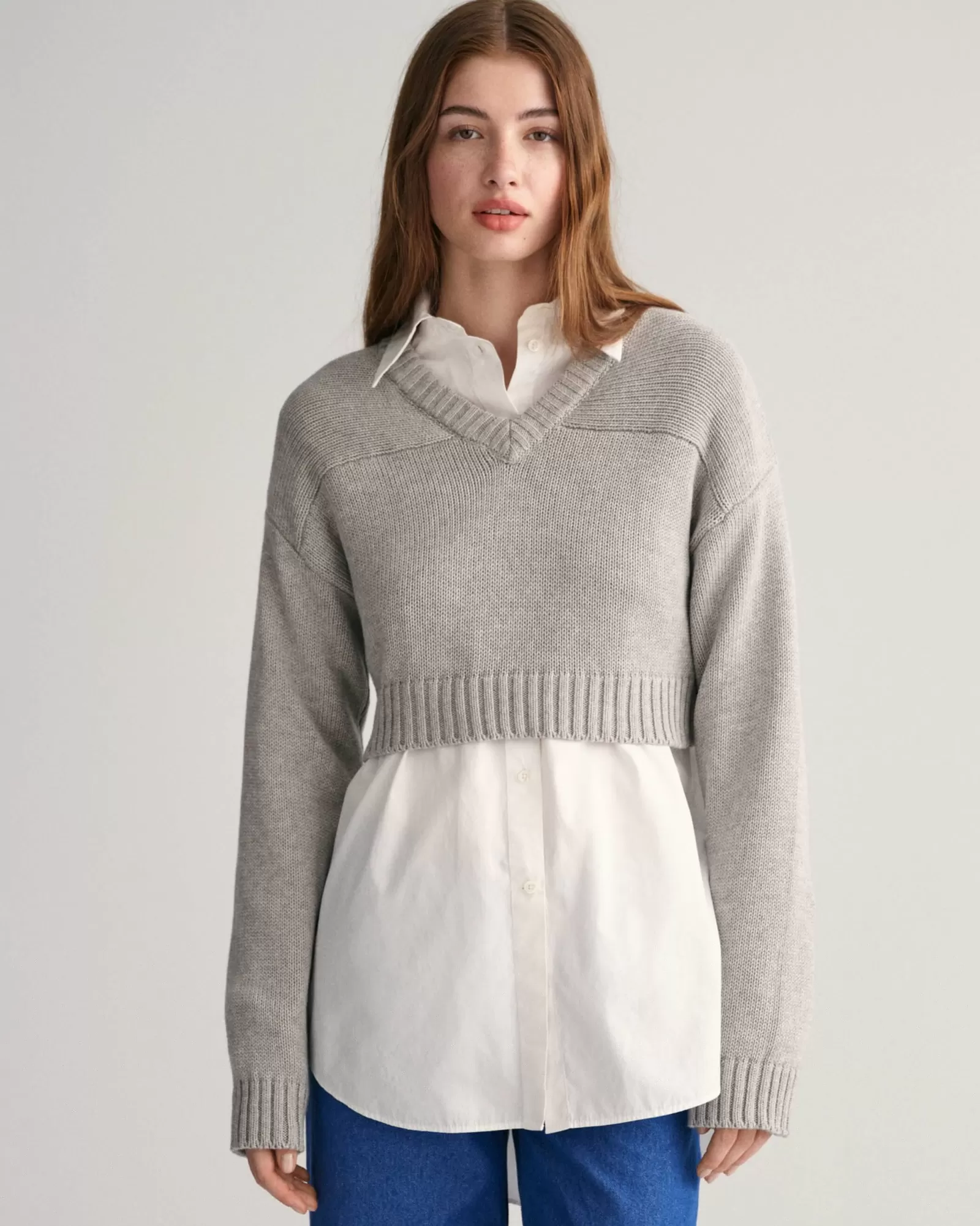 Women GANT Knitwear*Cropped V-Neck Sweater GREY MELANGE