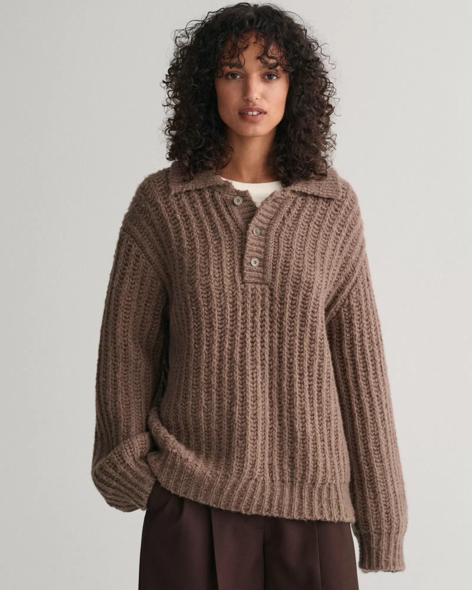 Women GANT Knitwear*Curly Wool Ribbed Polo Sweater DESERT BROWN