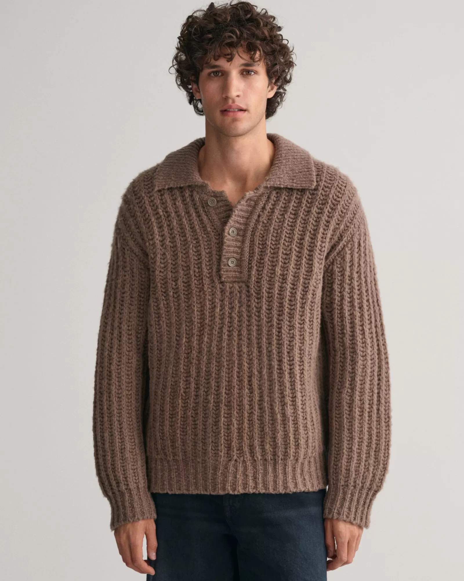 Men GANT Knitwear*Curly Wool Ribbed Polo Sweater DESERT BROWN