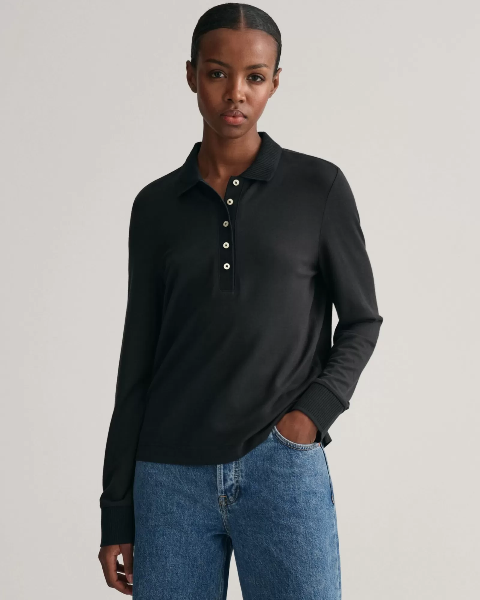 Women GANT Polos & Ruggers*Detail Collared Long Sleeve Polo Shirt BLACK