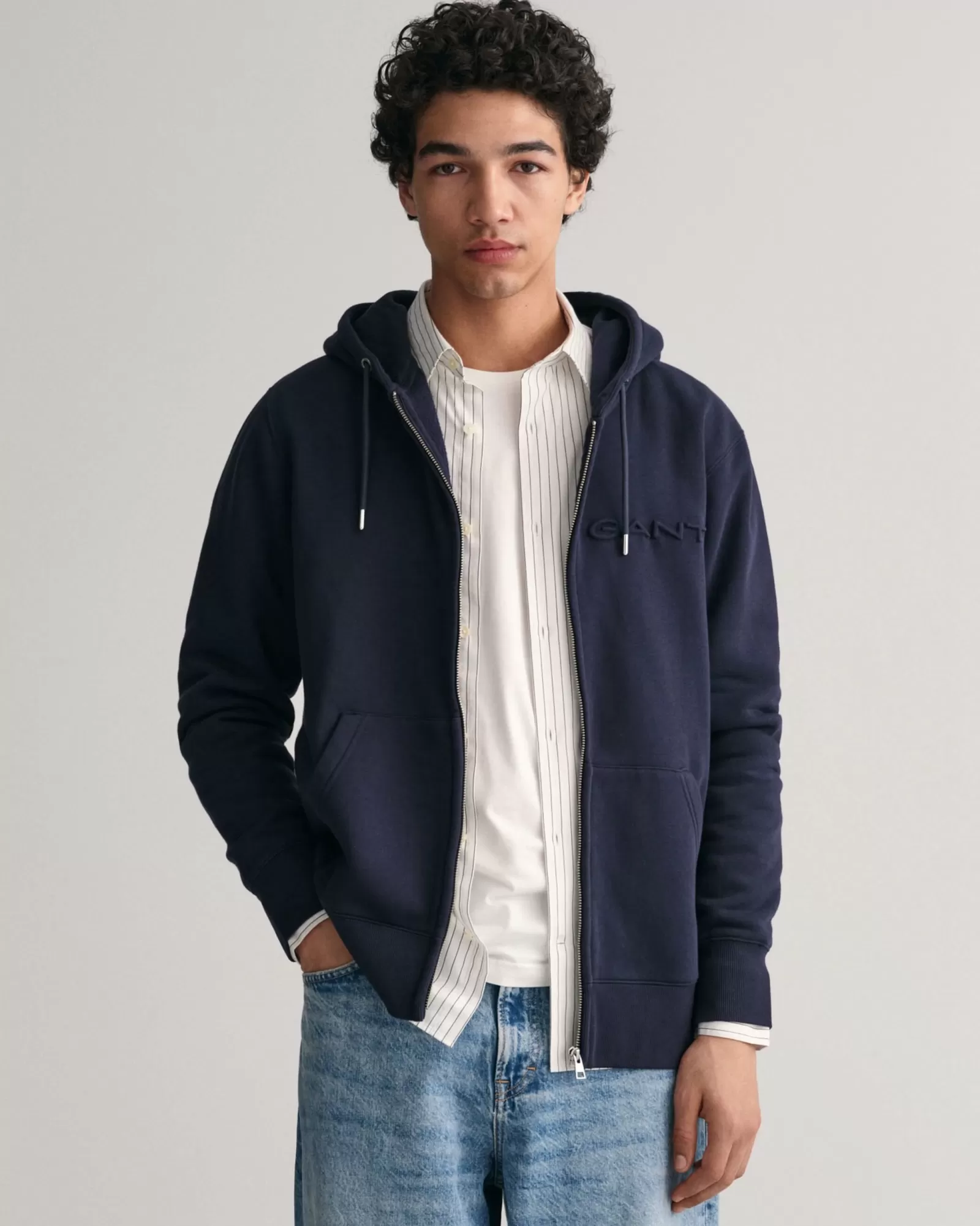 Men GANT Sweatshirts & Hoodies*Embossed Zip Hoodie EVENING BLUE