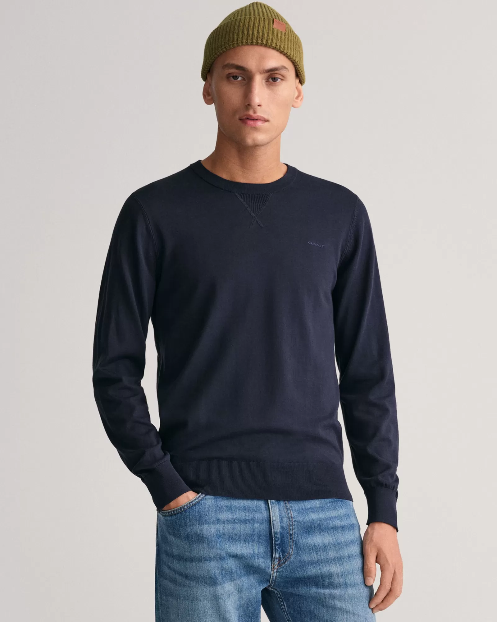 Men GANT Knitwear*Fine Cotton Crew Neck Sweater EVENING BLUE