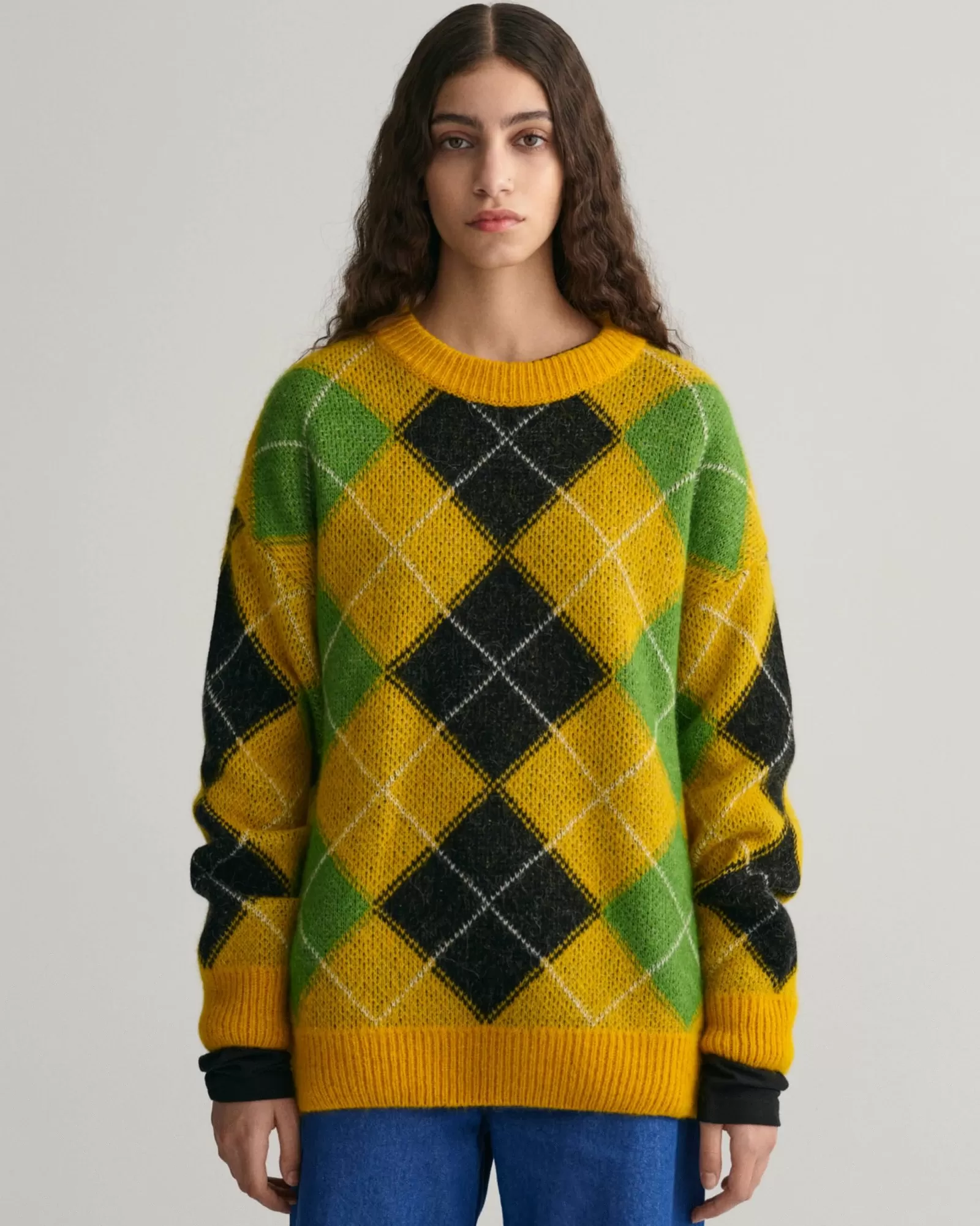 Women GANT Knitwear*Furry Argyle Crew Neck Sweater SUNFLOWER YELLOW